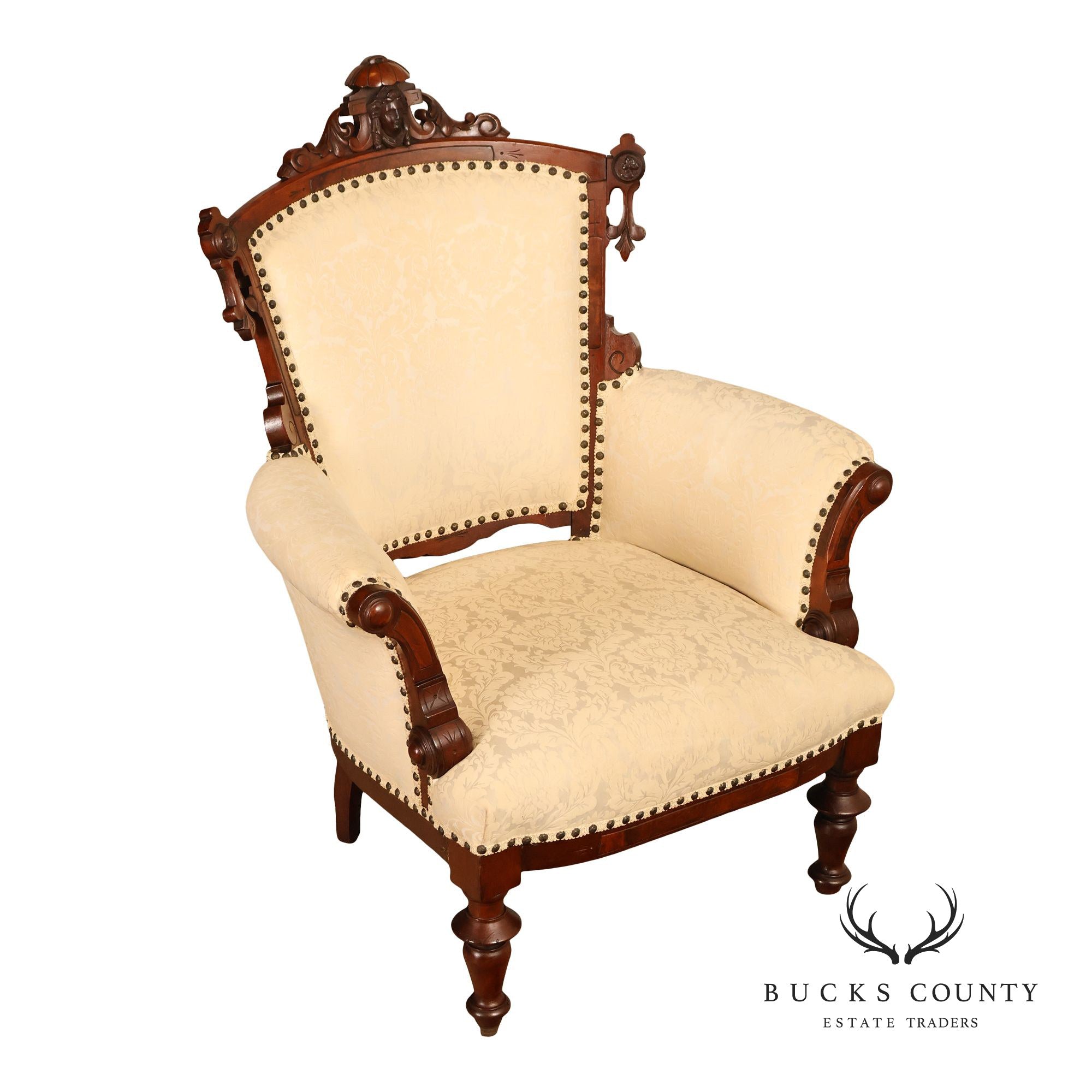 Antique Victorian Carved Walnut Parlor Armchair