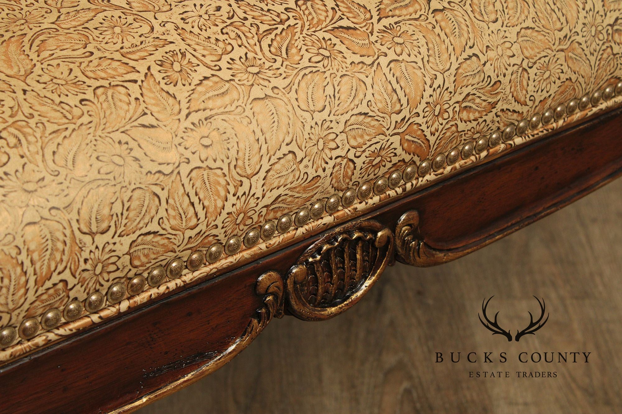 French Louis XV Style Mahogany And Embossed Leather Settee