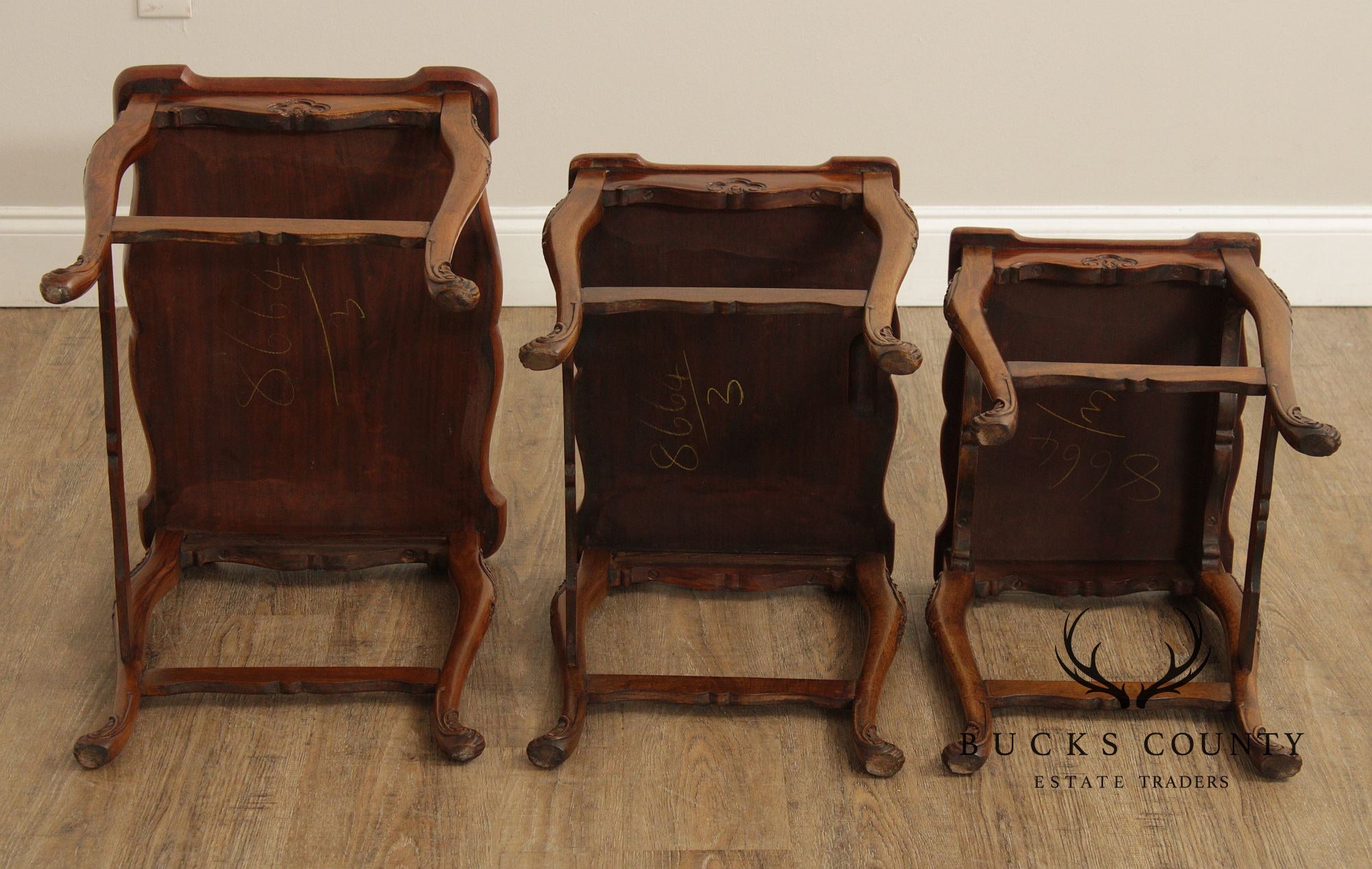 French Louis XV Style Set of Three Burl Walnut Nesting Tables