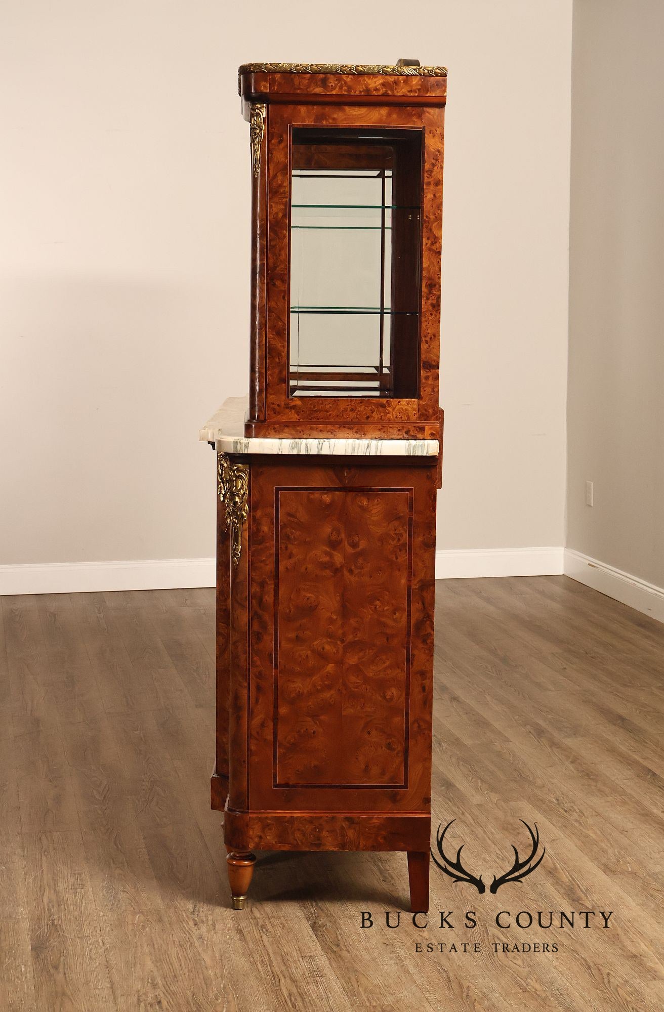 French Belle Époque Art Nouveau Burled Walnut Marble Top Sideboard With Display Cabinets