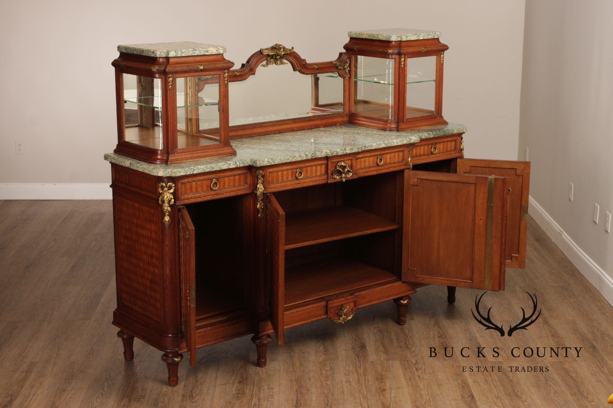 Antique French Louis XVI Style Inlaid Marble Top Sideboard