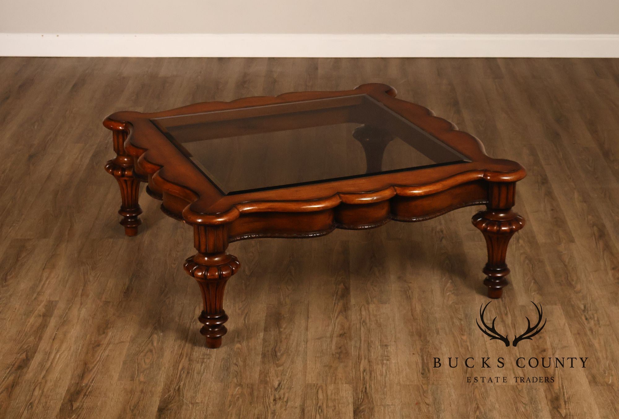 Mediterranean Style Carved Wood And Glass Square Coffee Table