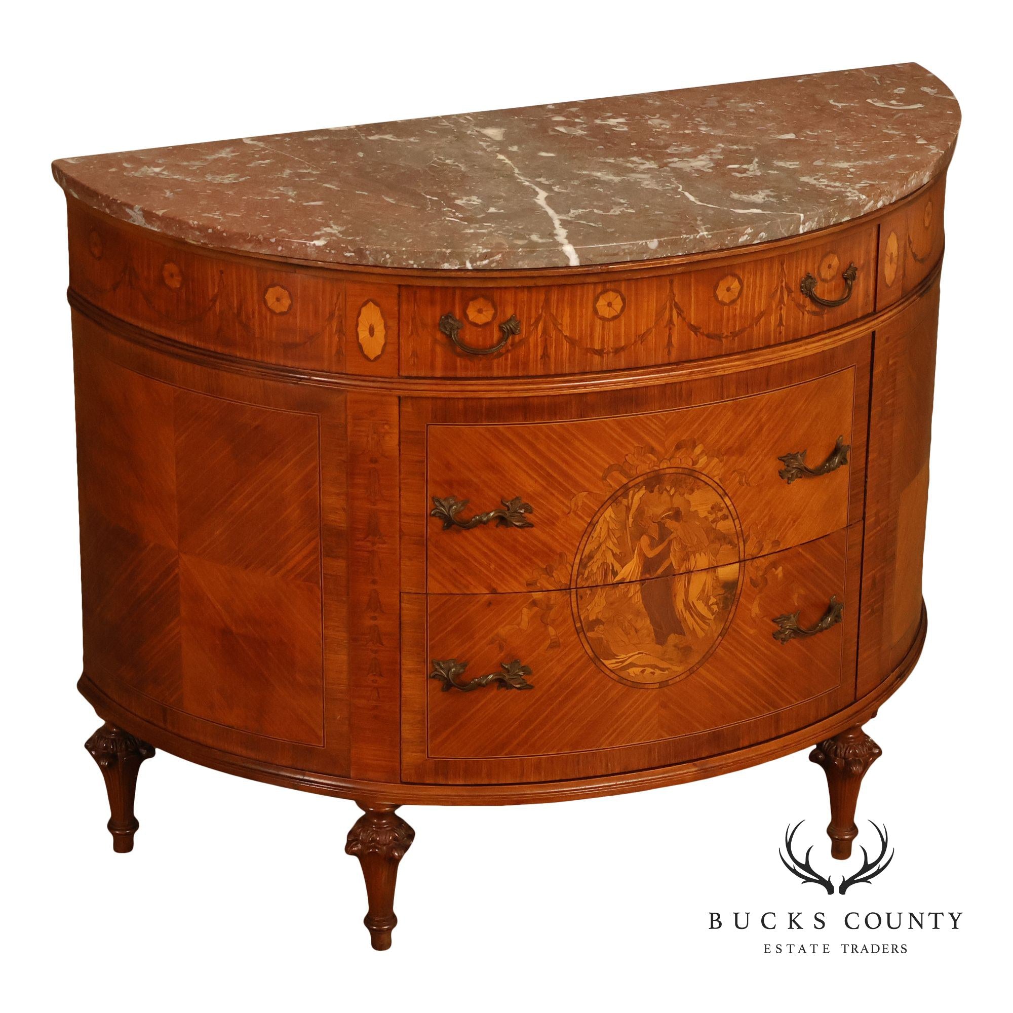 Antique French Louis XVI Neoclassical Inlaid Demilune Marble Top Commode