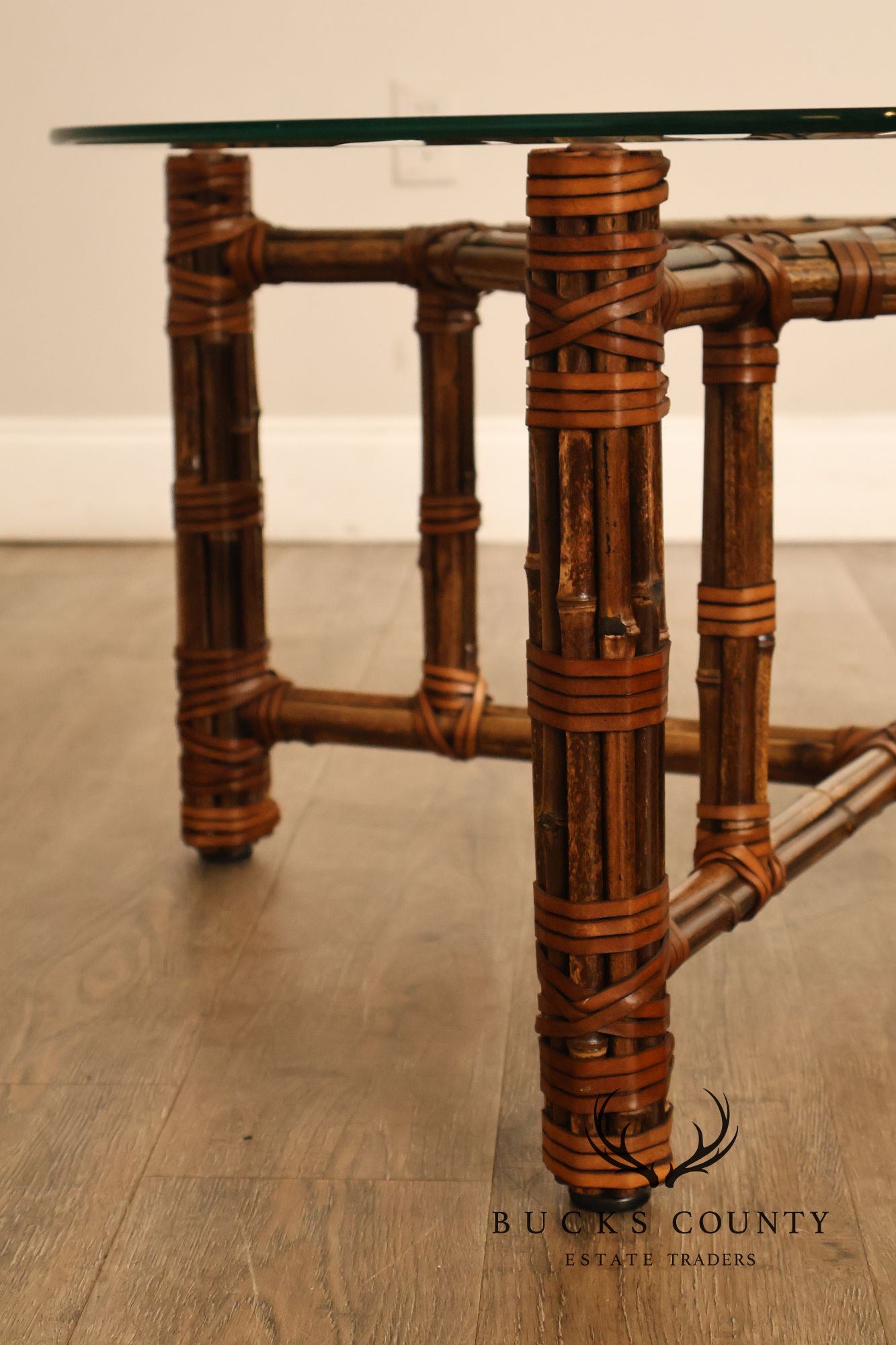 McGuire Bamboo And Rattan Round Glass Top Coffee Table