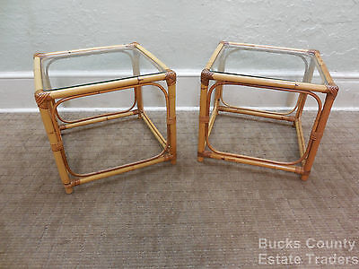 Vintage Quality Rattan Pair of Square Cube End Tables (B)