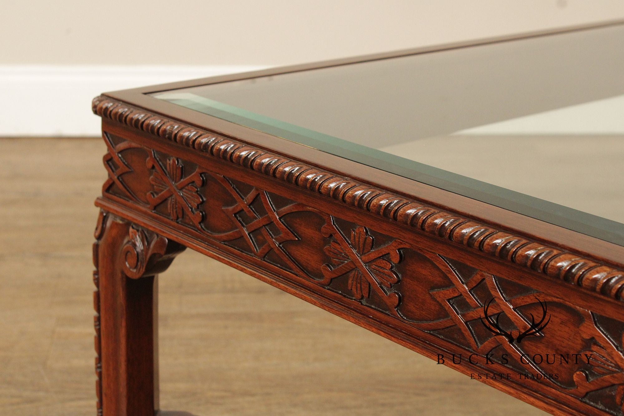 Chinese Chippendale Style Square Glass Top Coffee Table