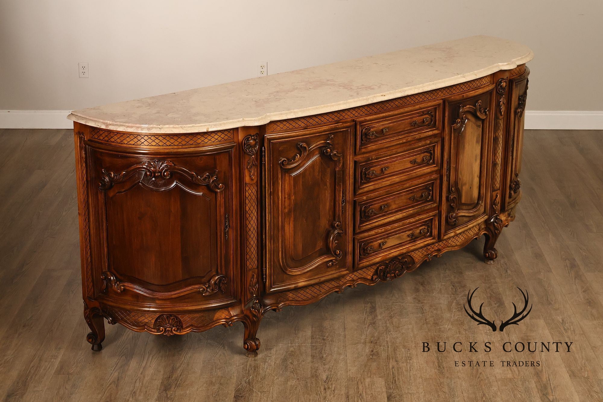 French Louis XV Style 106" Long Marble Top Walnut Sideboard