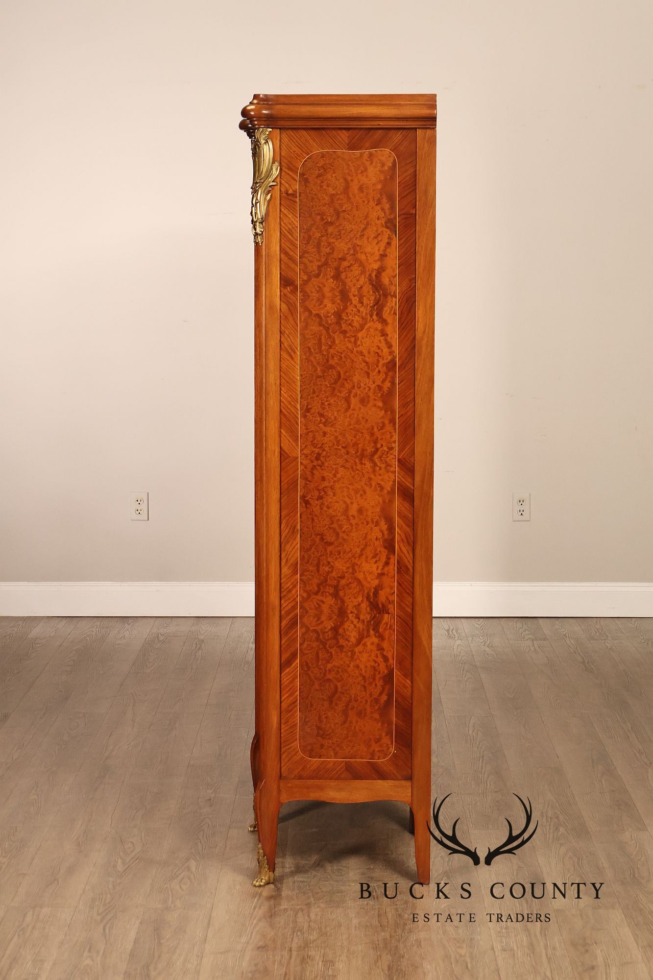 French Louis XV Style Burl Wood Three Door Bookcase Display Cabinet