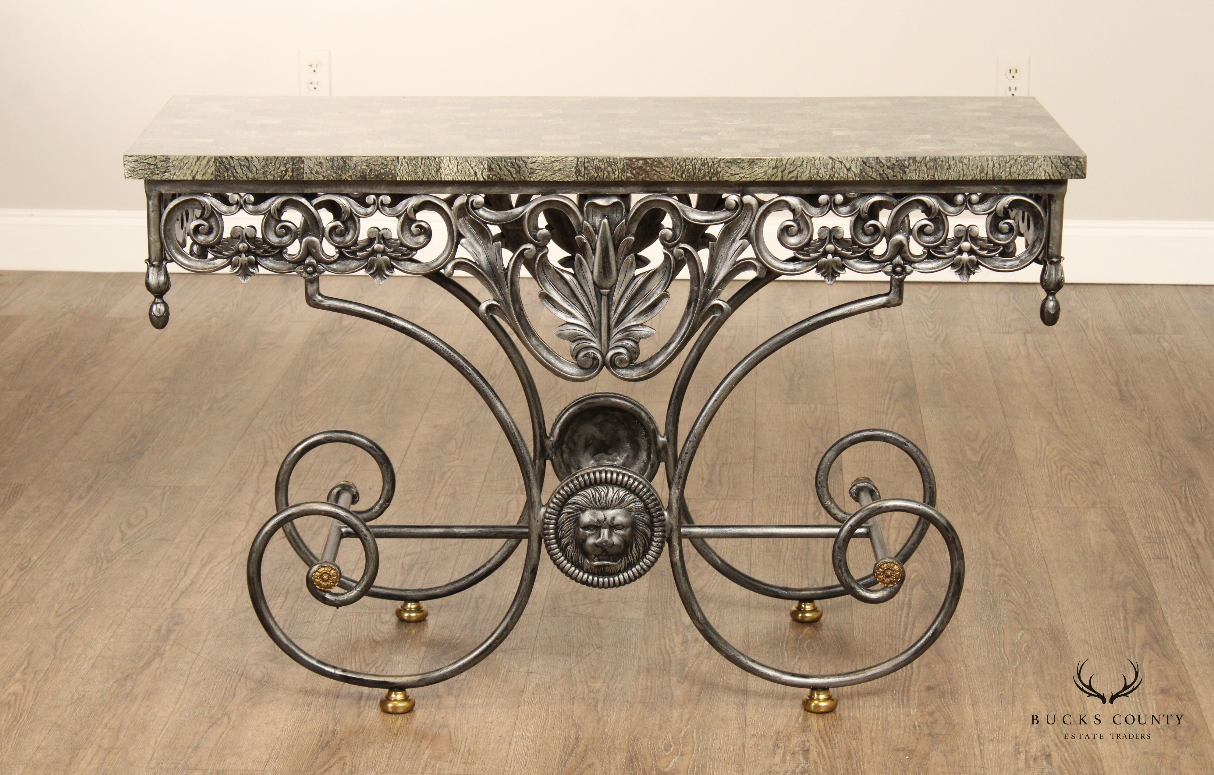 Maitland Smith Italian Regency Style Wrought Iron Stone Top Console Table