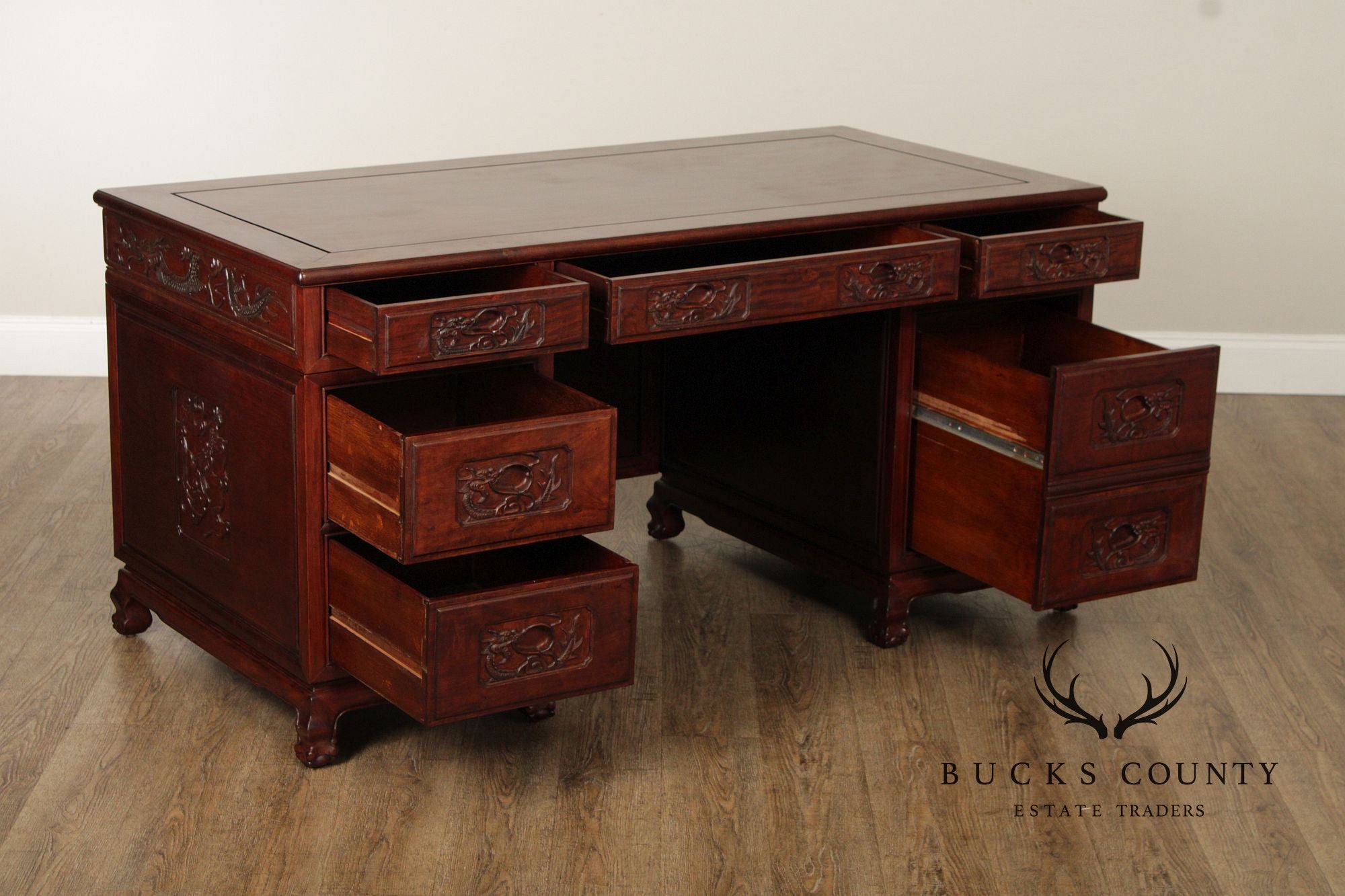 Chinese Rosewood Vintage Pedestal Executive Desk