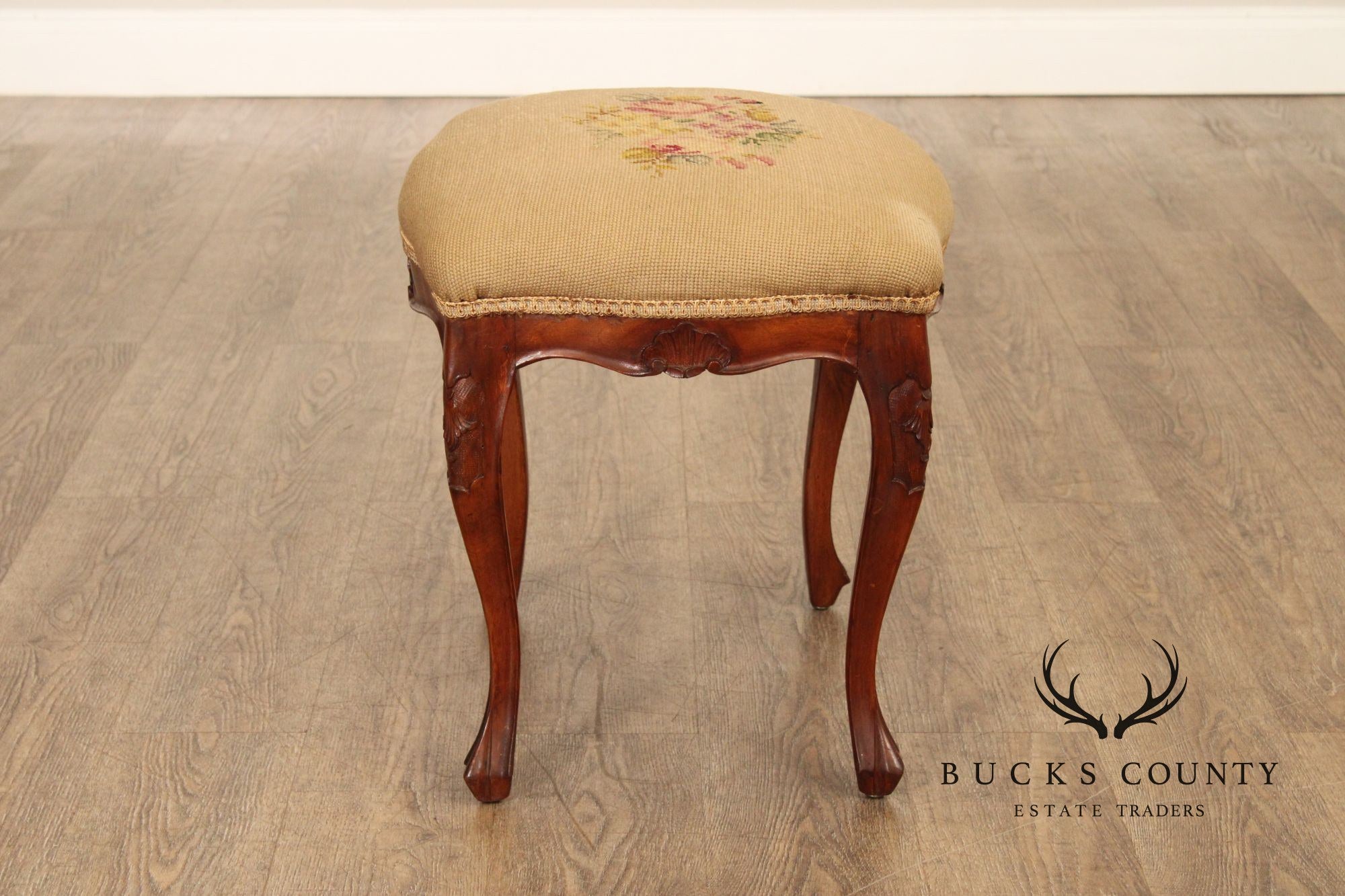French Louis XV Style Antique Walnut Needlepoint Footstool
