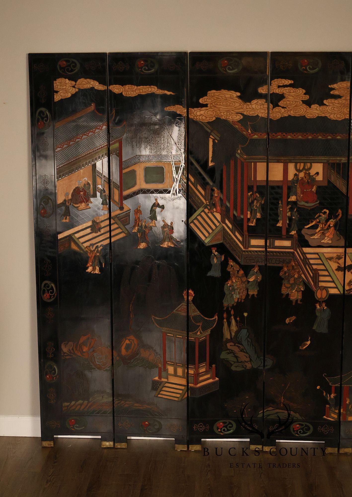 Chinese Coromandel Style Pair Of Eight Panel Folding Screens