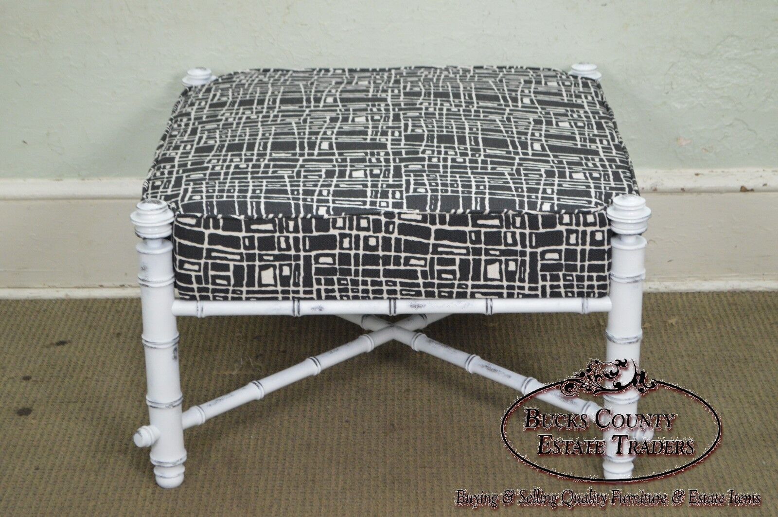 Custom Painted Faux Bamboo Large Square Upholstered Ottoman