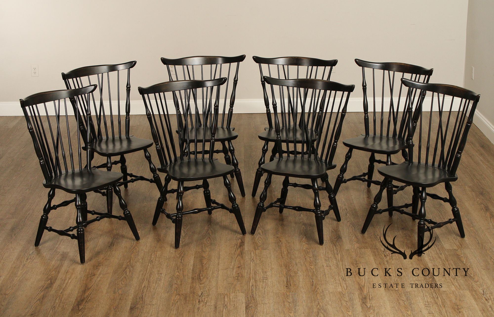 Quality Set Of Eight Black Painted Windsor Dining Chairs