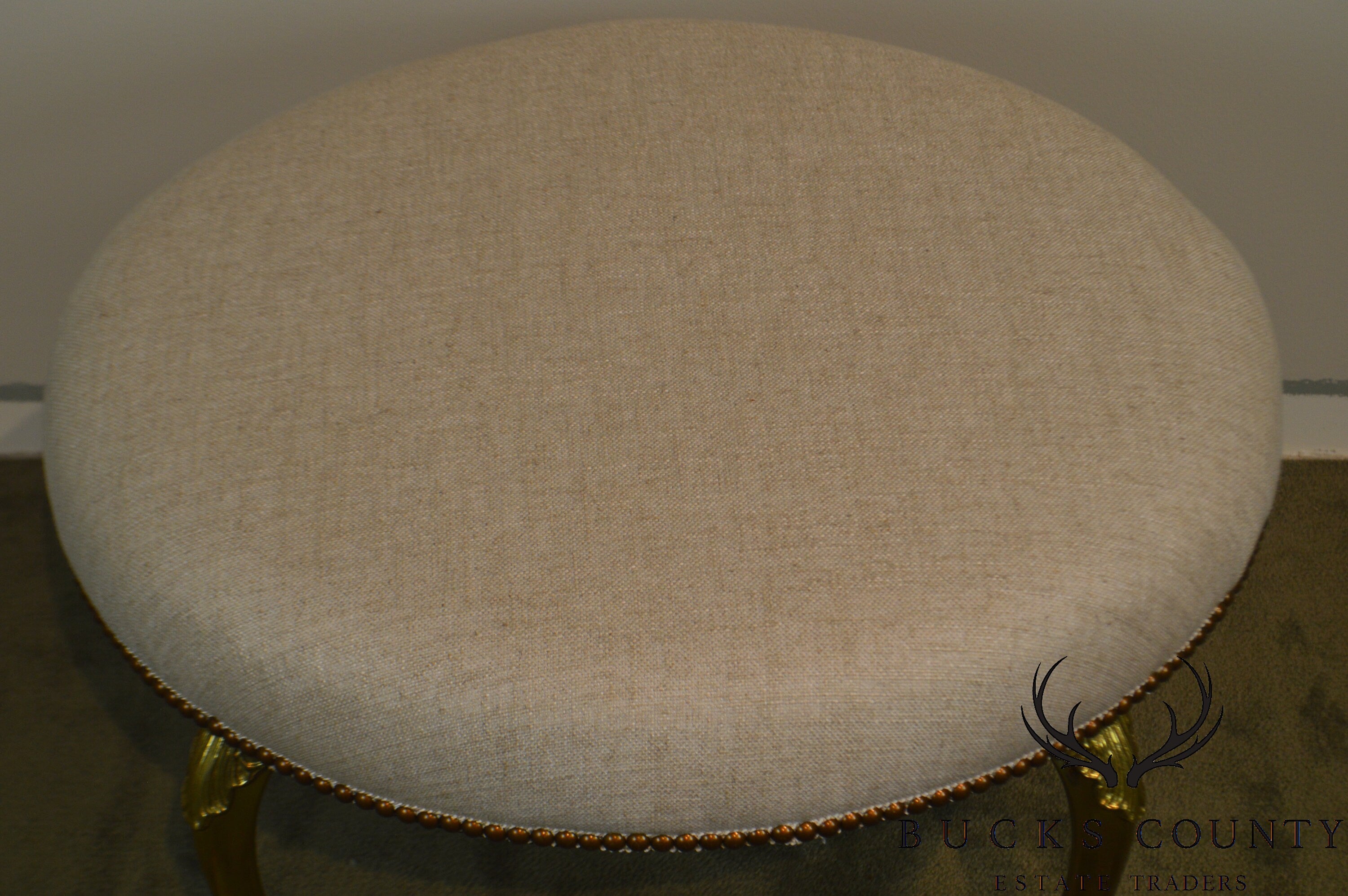 Italian Vintage Brass Frame Round Ottoman or Stool