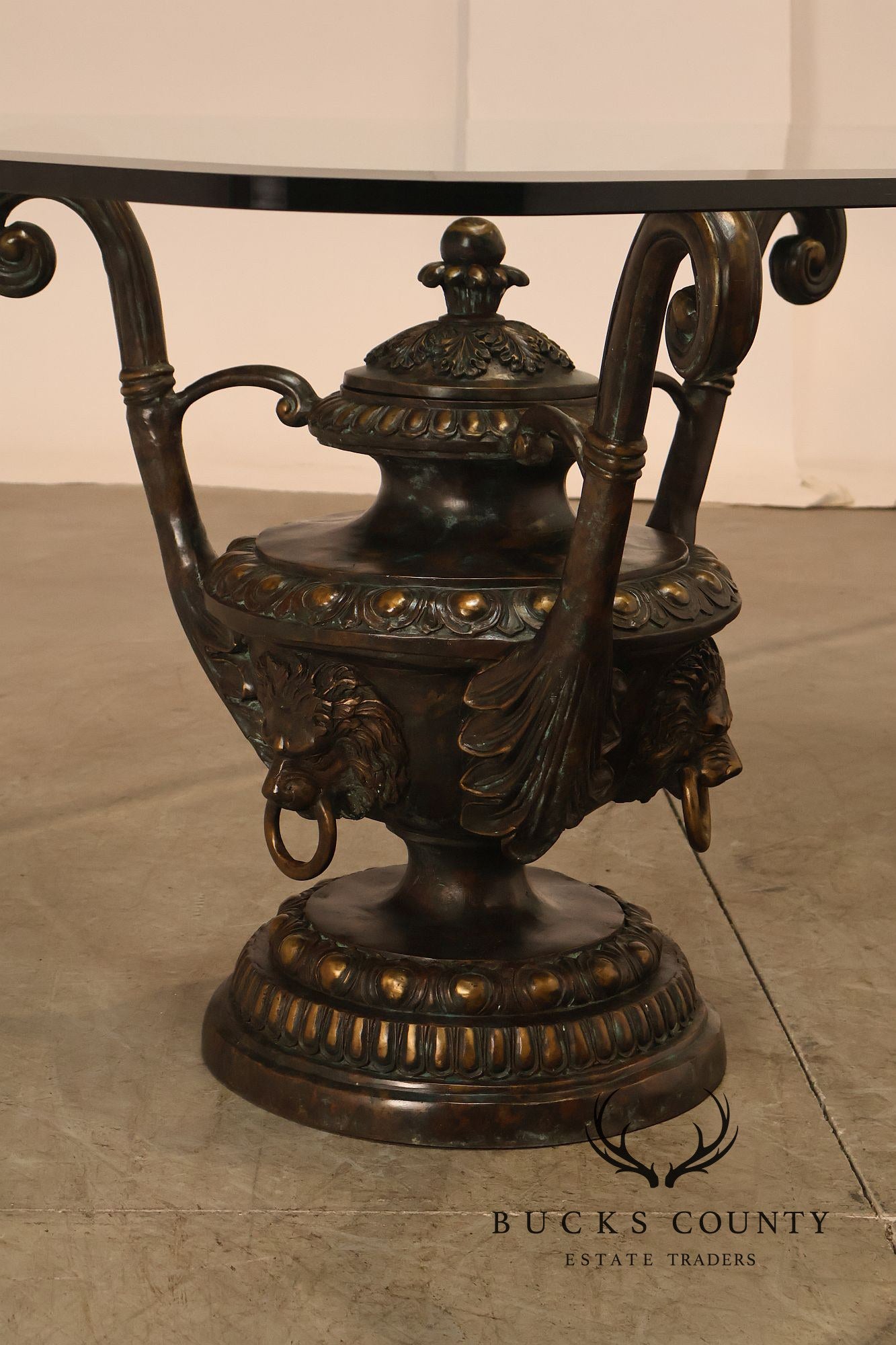 Monumental Brass Urn Form  Double Pedestal Glass Top Dining Table