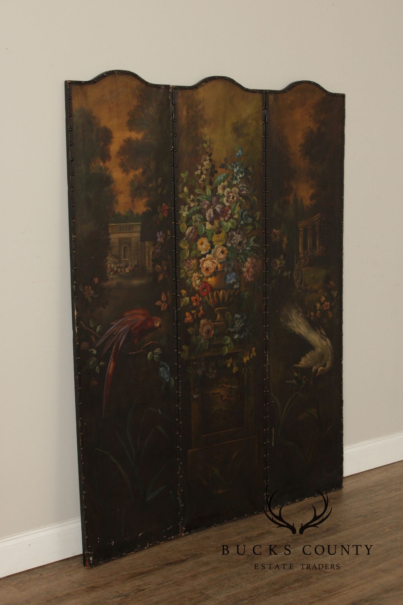 Antique Style 3-Panel Hand-Painted Oil On Canvas Floor Screen Room Divider With Floral Still Life, Birds & Garden Landscape
