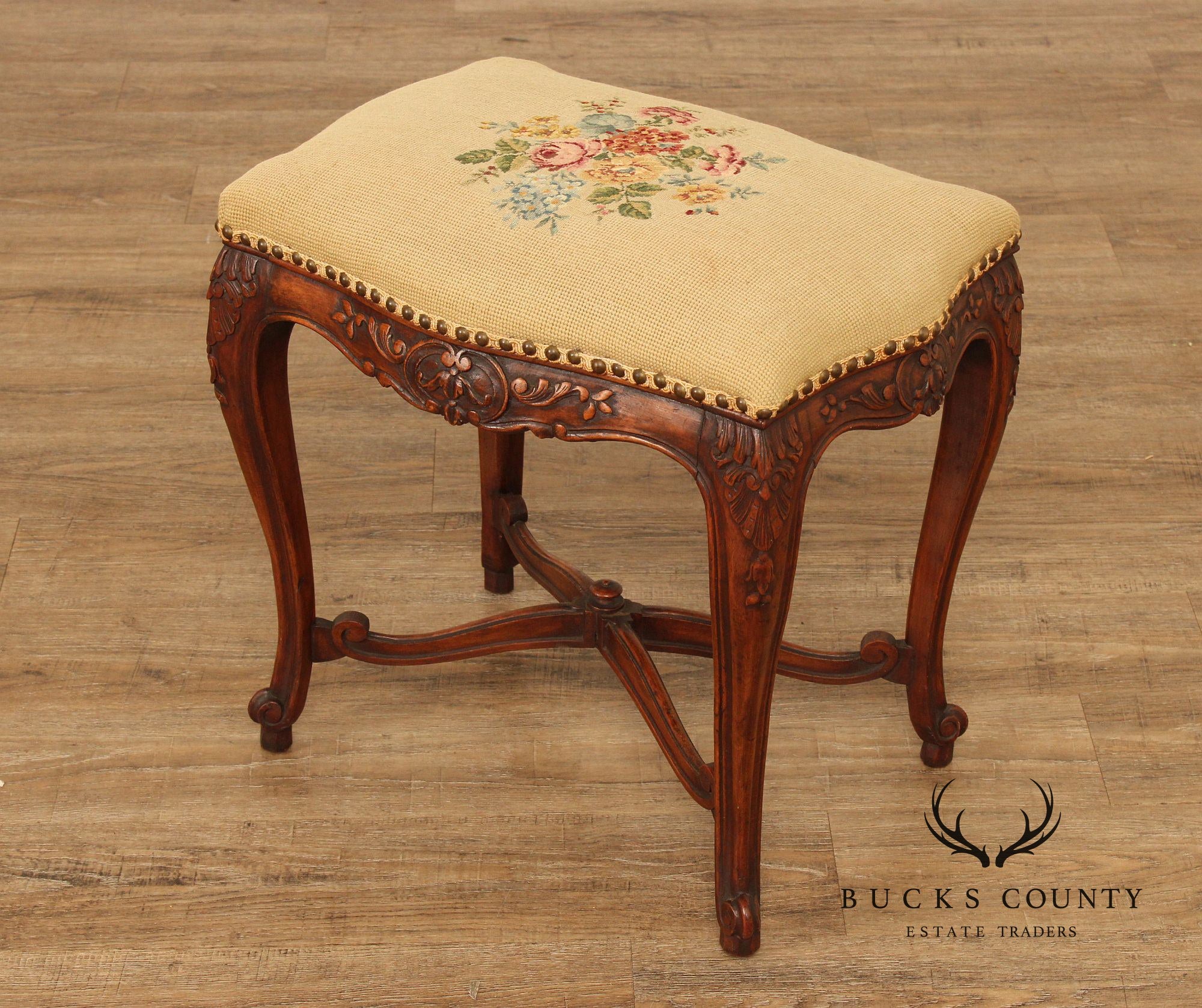 Antique French Louis XV Style Needlepoint Stool