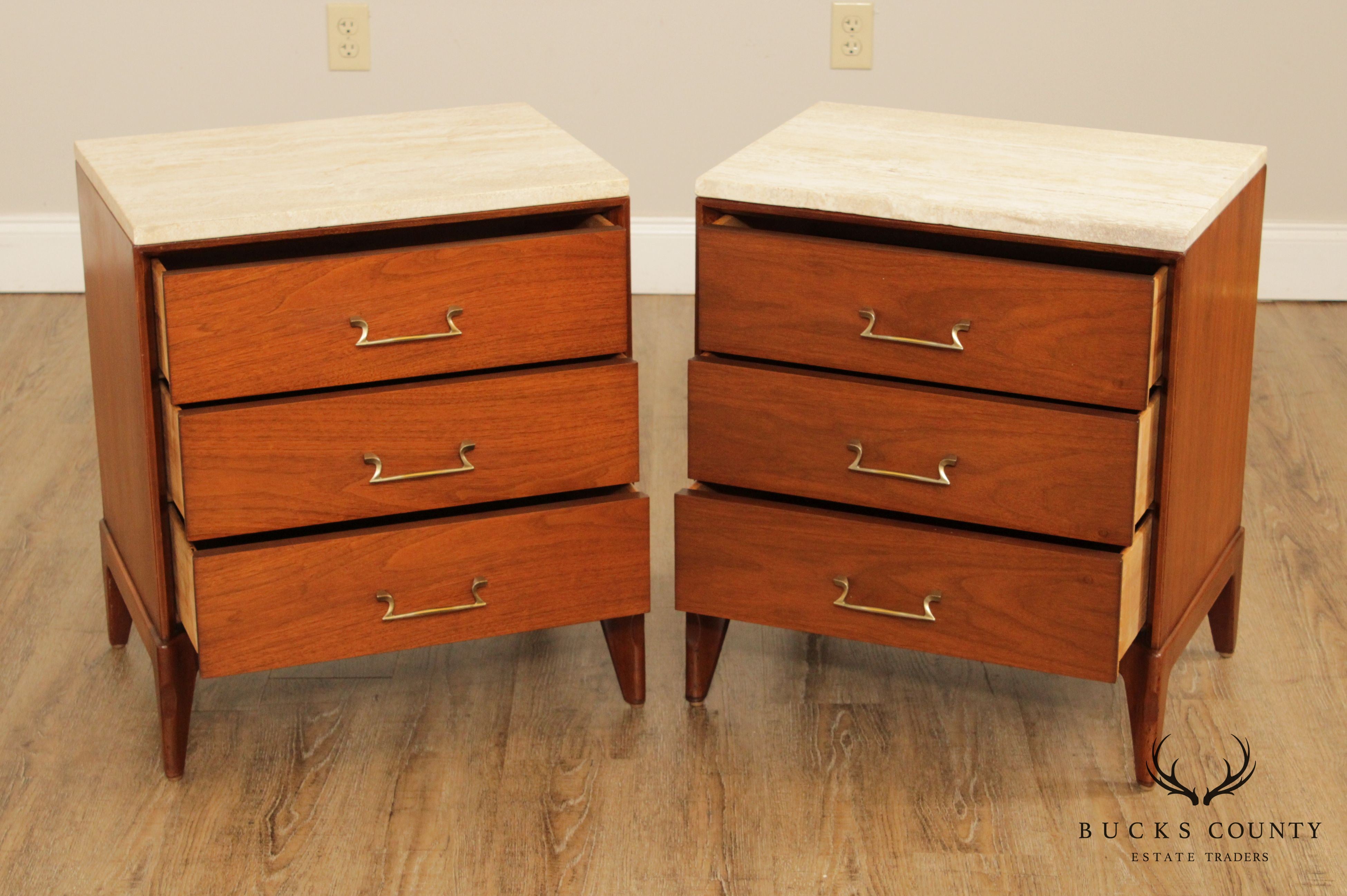 Mid Century Modern Pair Walnut Travertine Top 3 Drawer Nightstands