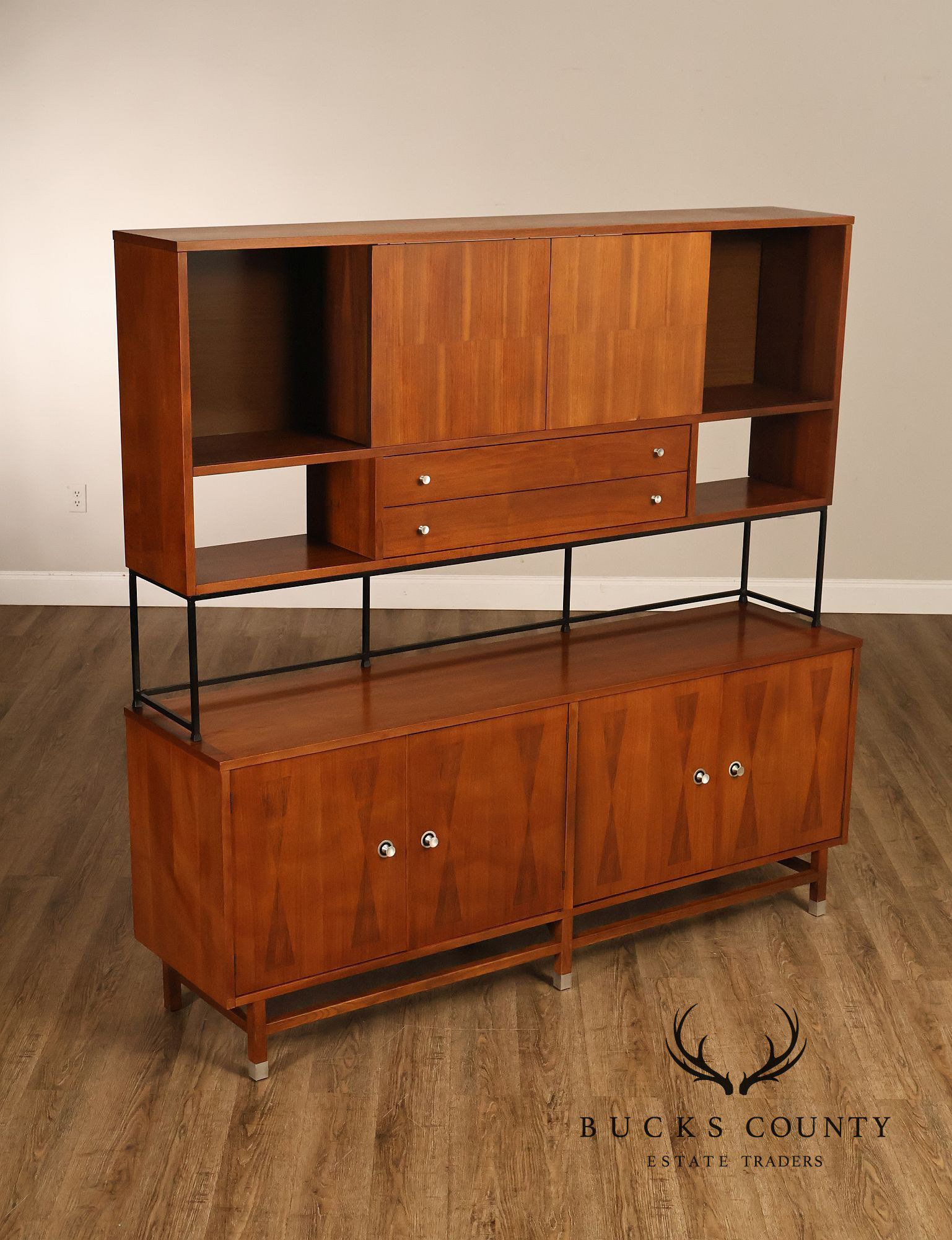 Stanley Mid Century Modern Walnut & Rosewood Inlaid Wall Unit Credenza