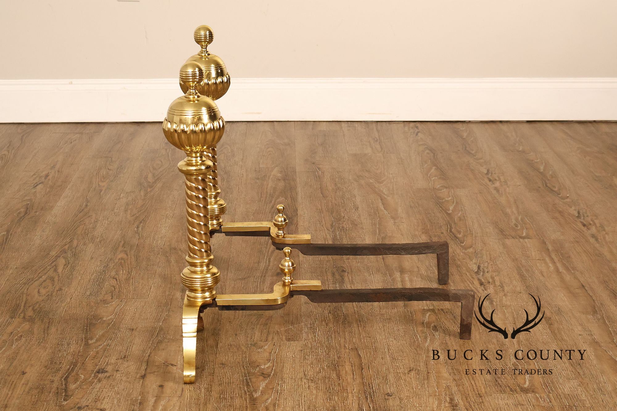 Georgian Style Pair of Polished Brass Fireplace Andirons