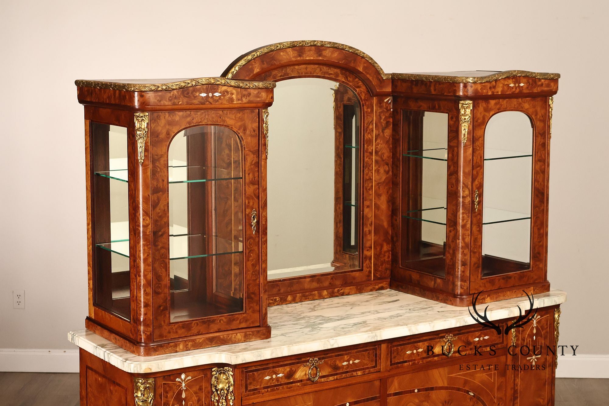 French Belle Époque Art Nouveau Burled Walnut Marble Top Sideboard With Display Cabinets