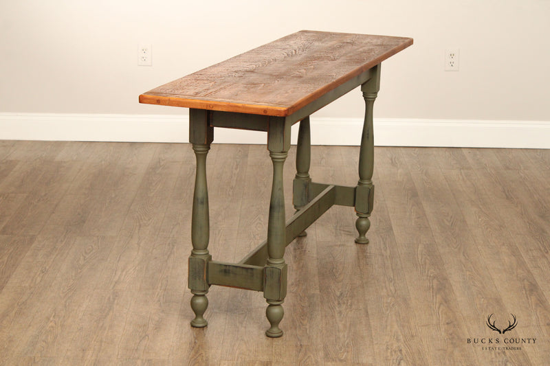 Country Farmhouse Style Hand Crafted Green Painted  Console or Sofa Table