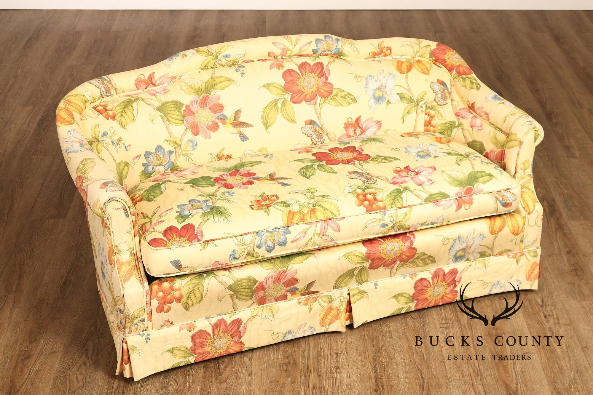 Custom Upholstered Pair Of Floral Chintz Skirted Loveseats
