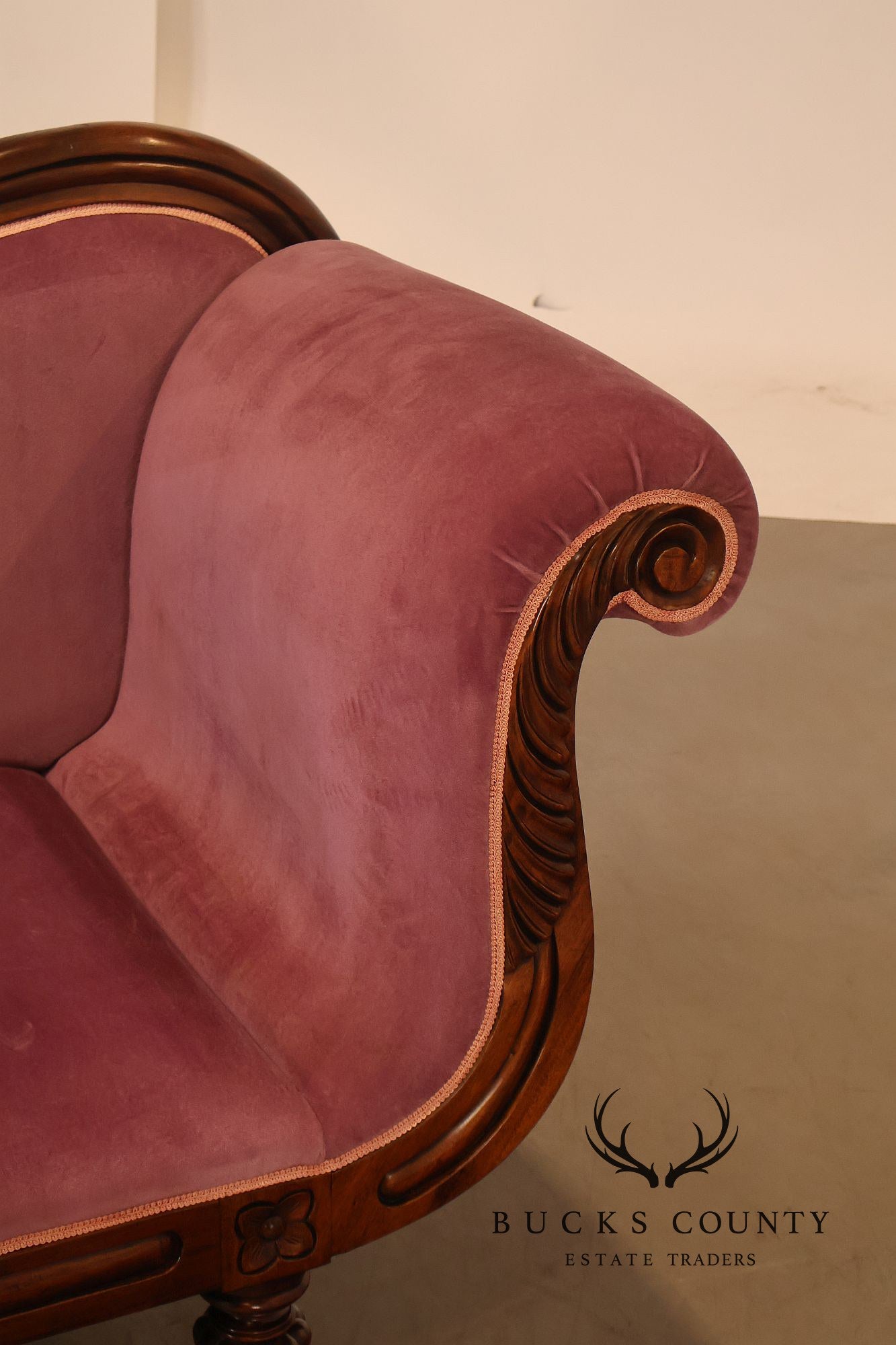 Victorian Style Mahogany Carved Wood Framed Pink Velour Upholstered Sofa