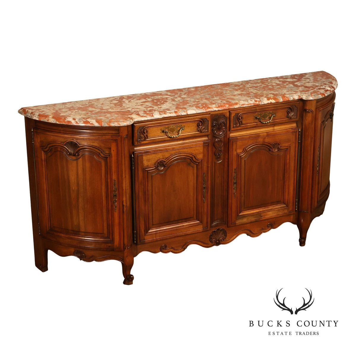 French Louis XV Style Carved Walnut Marble Top Buffet Sideboard