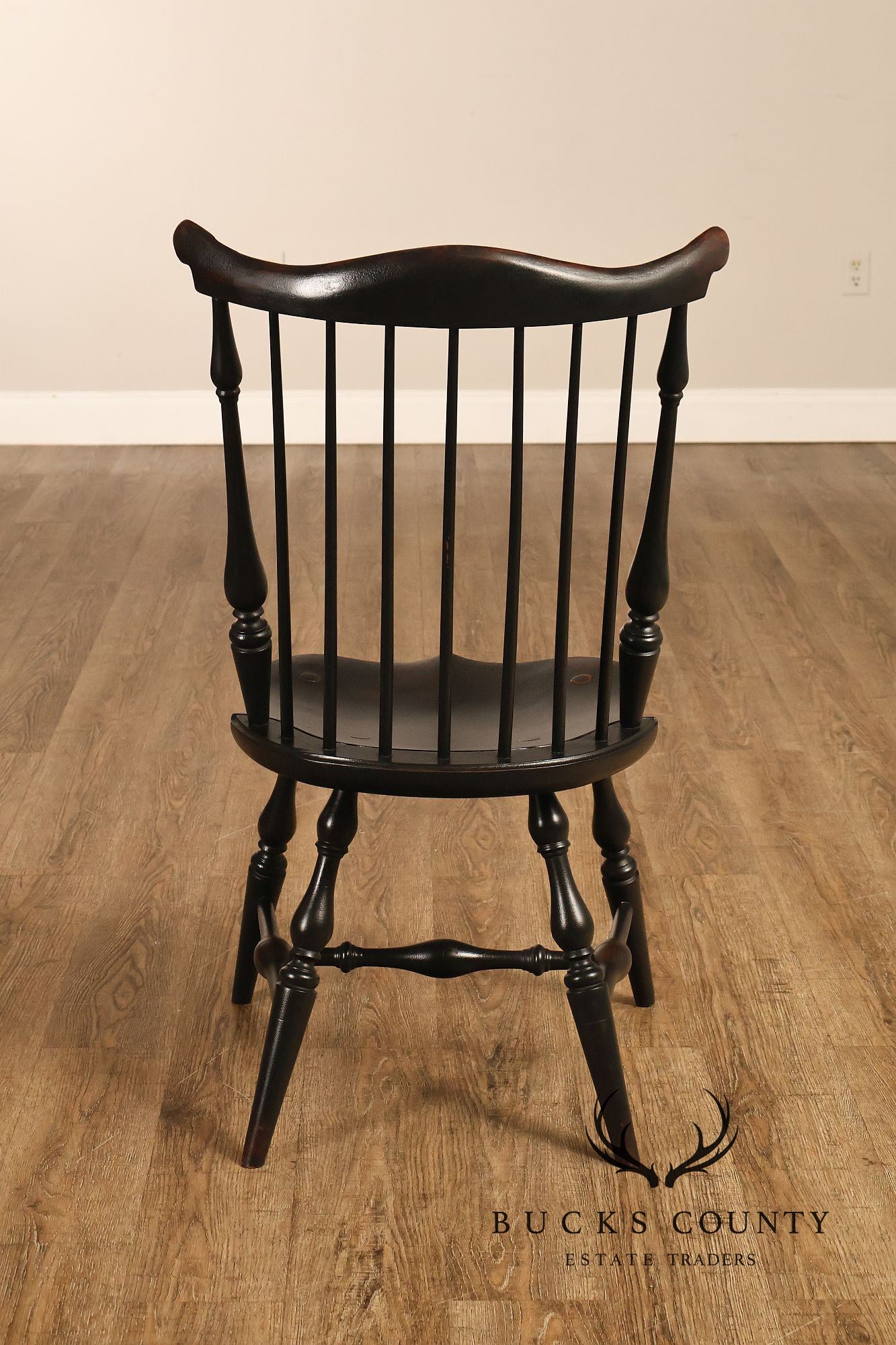Custom Set Of Four Black Over Red Painted Fan Back Windsor Dining Chairs