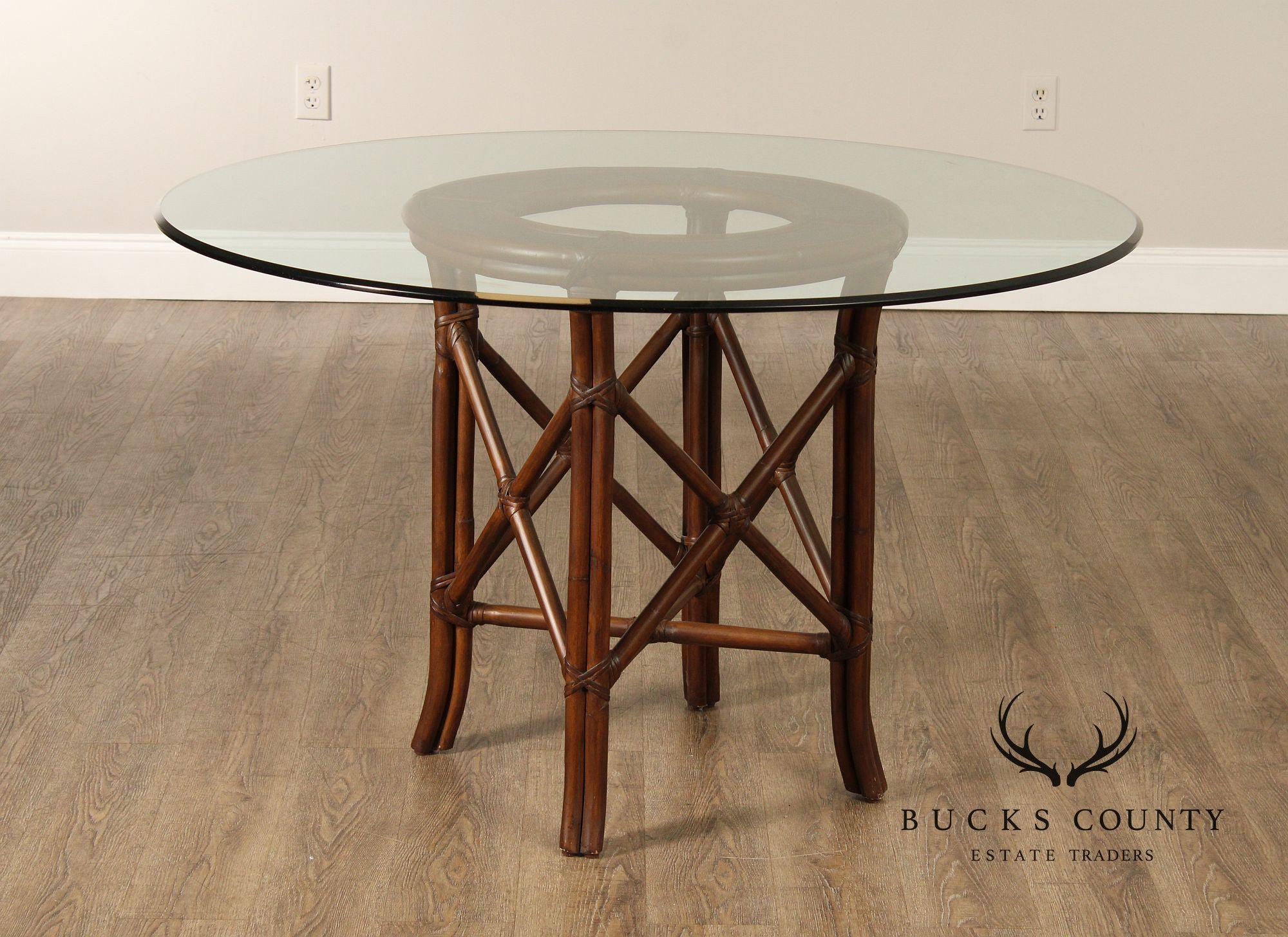 Hollywood Regency Round Glass Top Rattan Dining Table