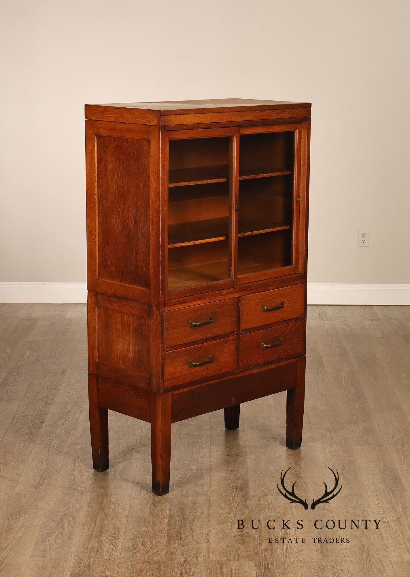 Globe Oak Sectional Bookcase Cabinet With Sliding Glass Doors And Drawers