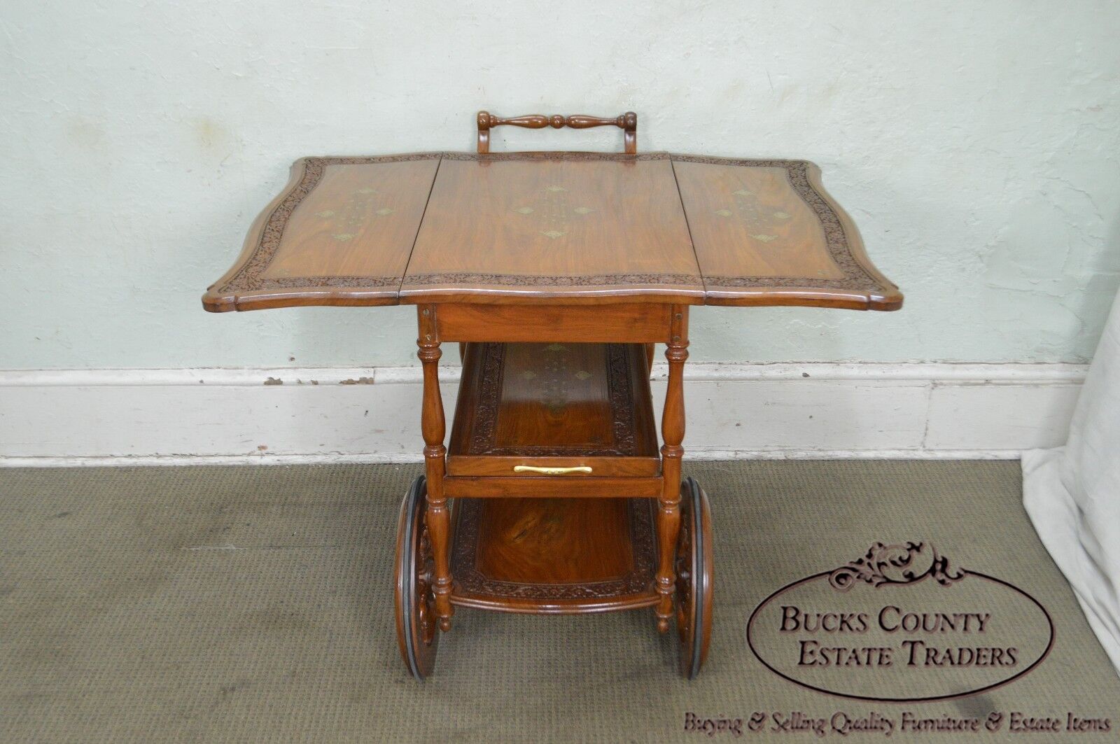 India Teak Wood Brass Marquetry Inlaid Serving Tea Cart