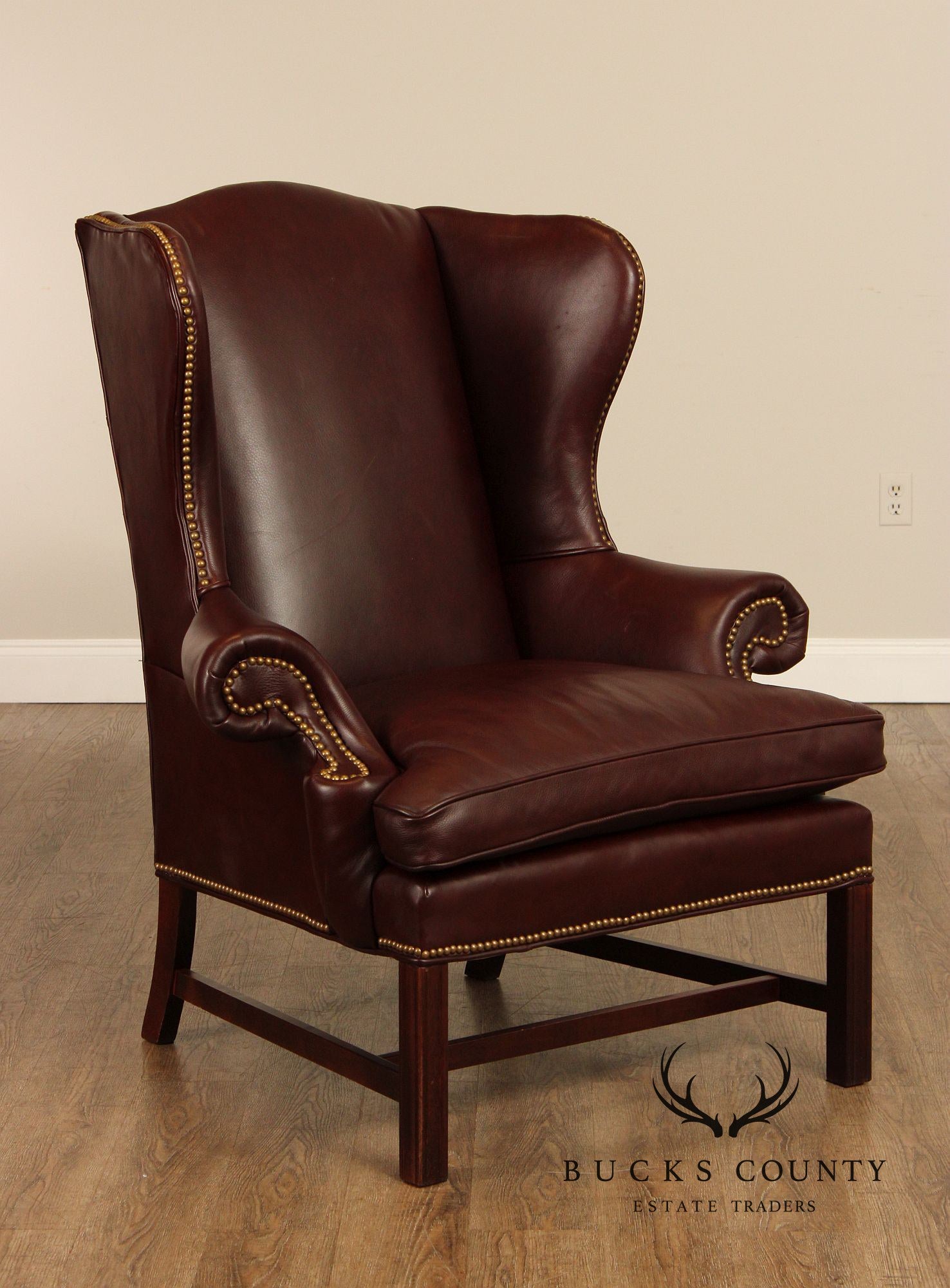 Chippendale Style Pair Of High Back Leather Wing Chairs