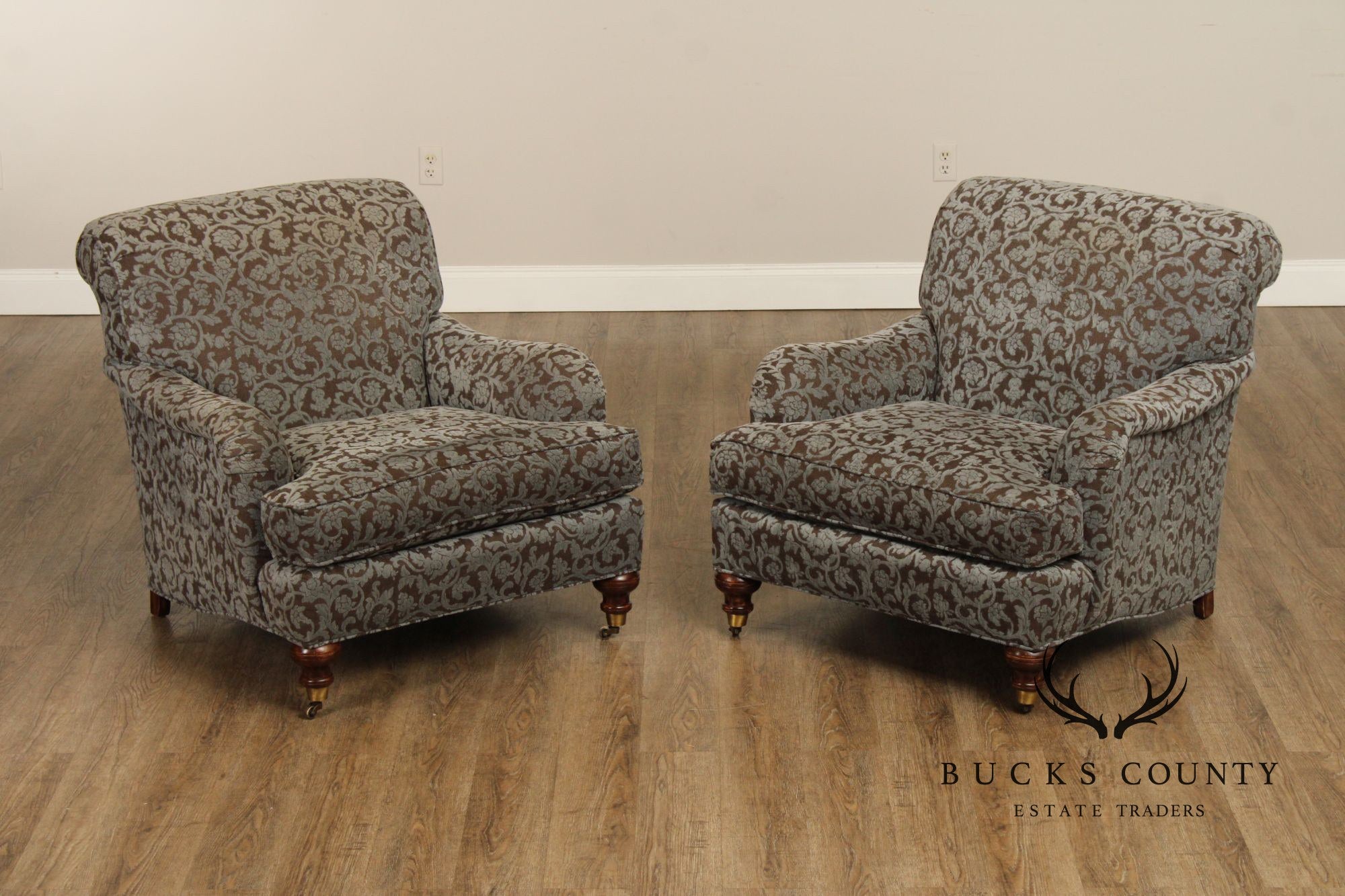 Robert Allen English Traditional Pair of Lounge Chairs and Ottoman