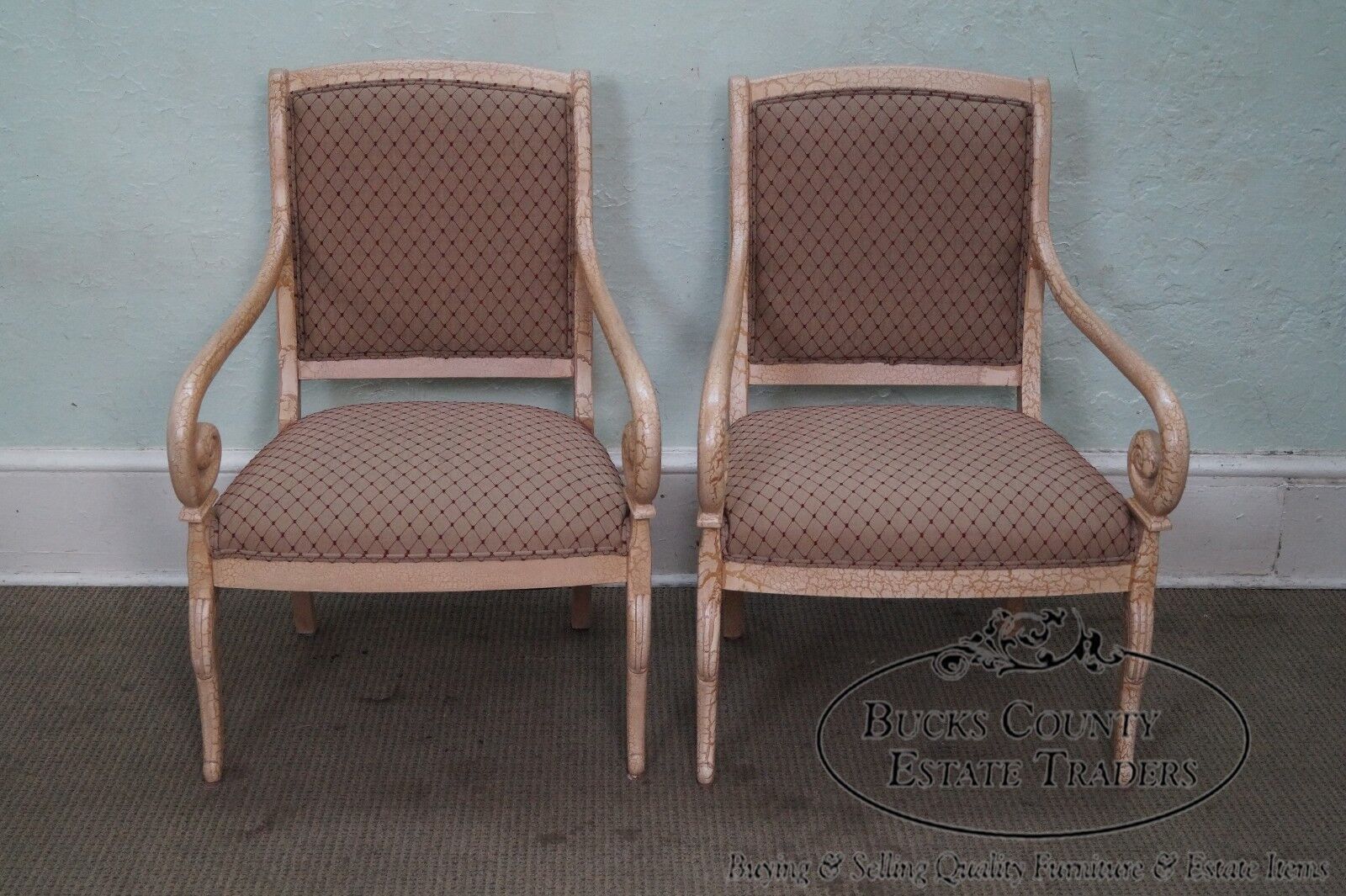 Quality Pair of Crackle Painted Finish Regency Style Arm Chairs