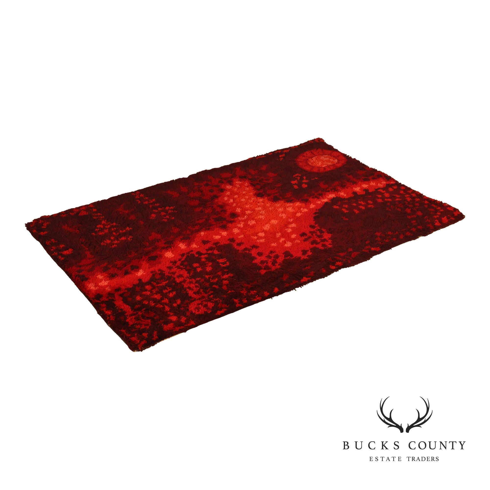 Mid Century Modern Scandinavian Rya Wool Abstract Red Shag Area Rug / Textile Wall Hanging by Ritva Puotila