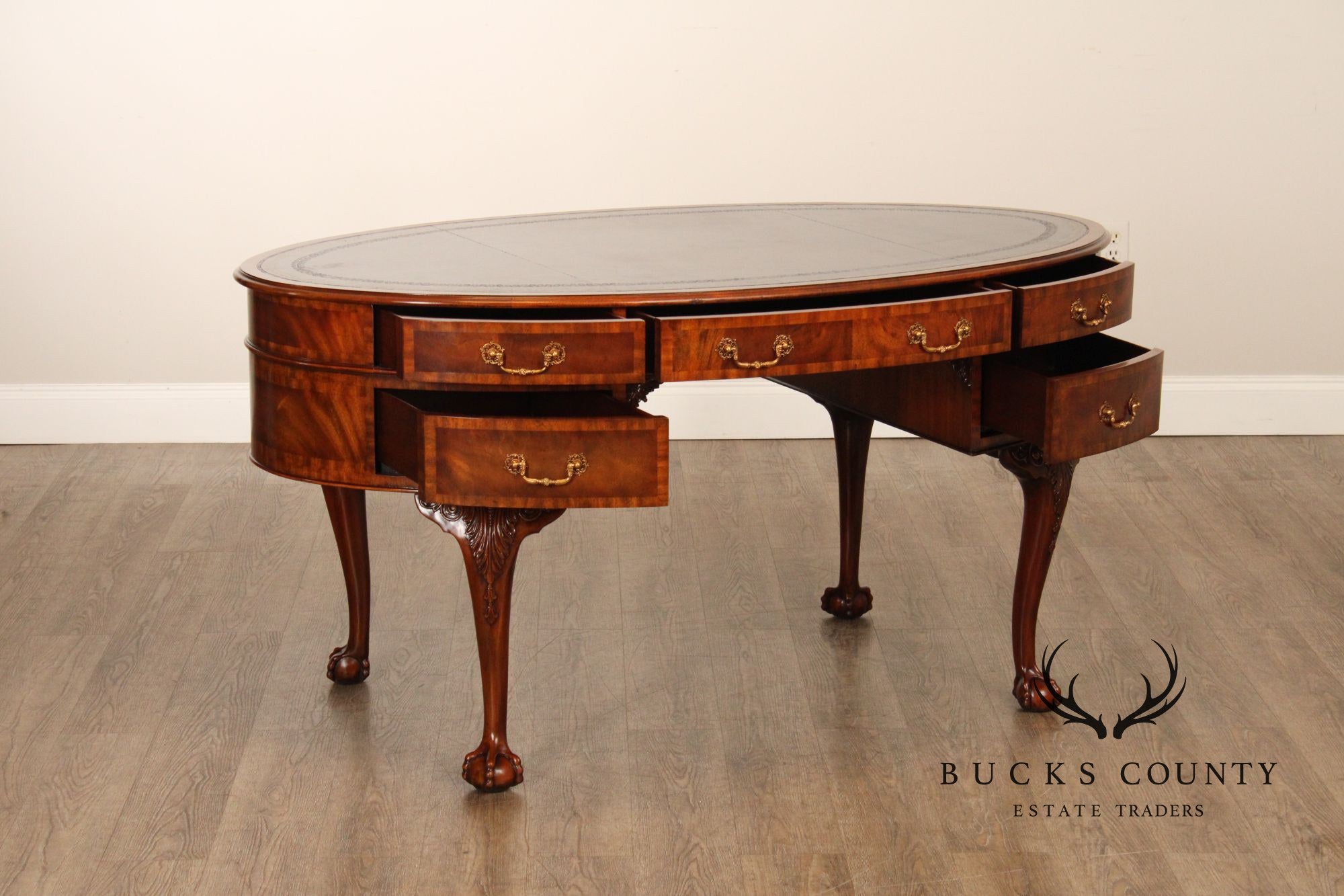 Maitland Smith Georgian Style Leather Top Mahogany Oval Desk