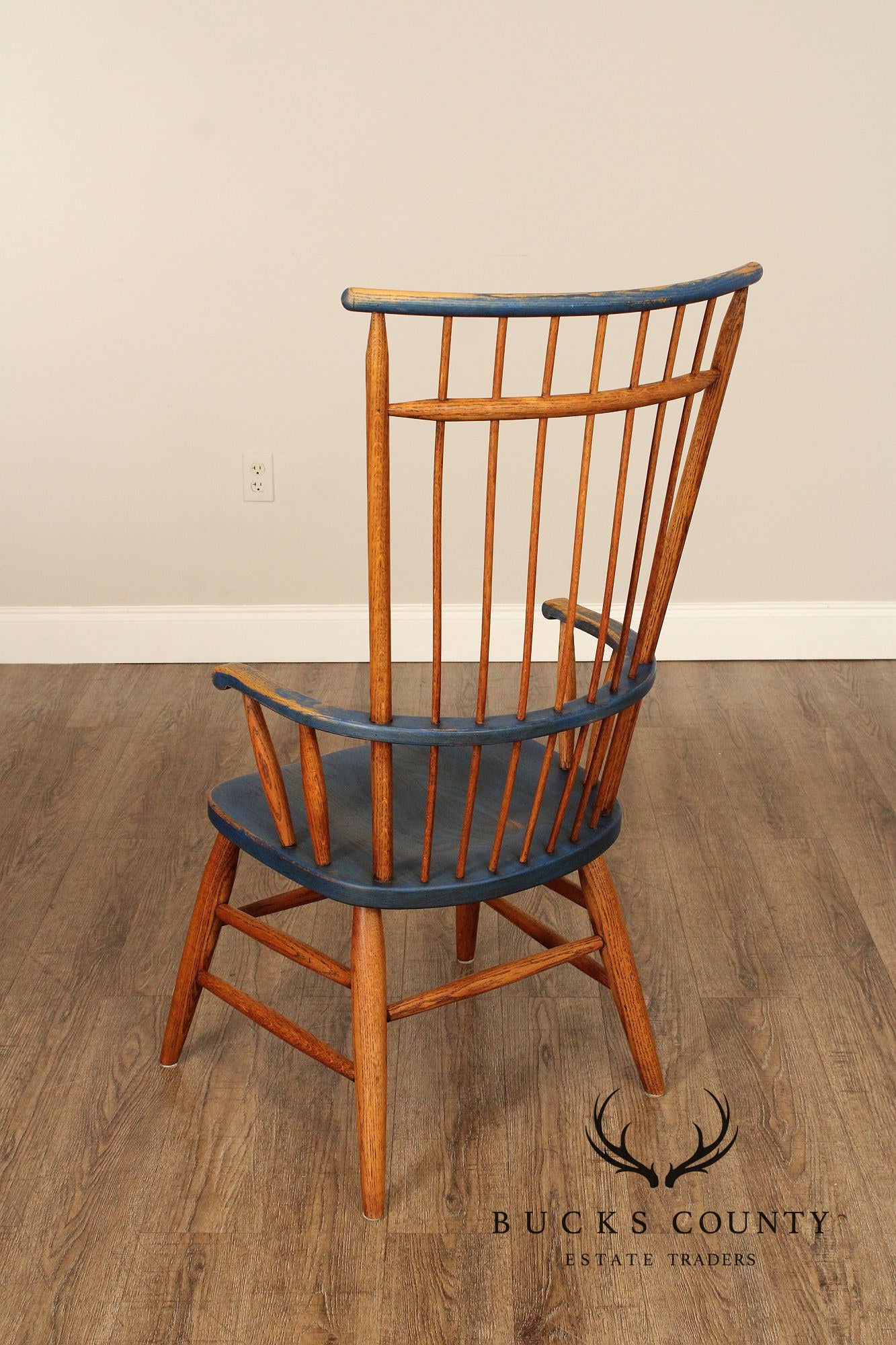 Early American Style Set of Four Oak Painted Windsor Armchairs