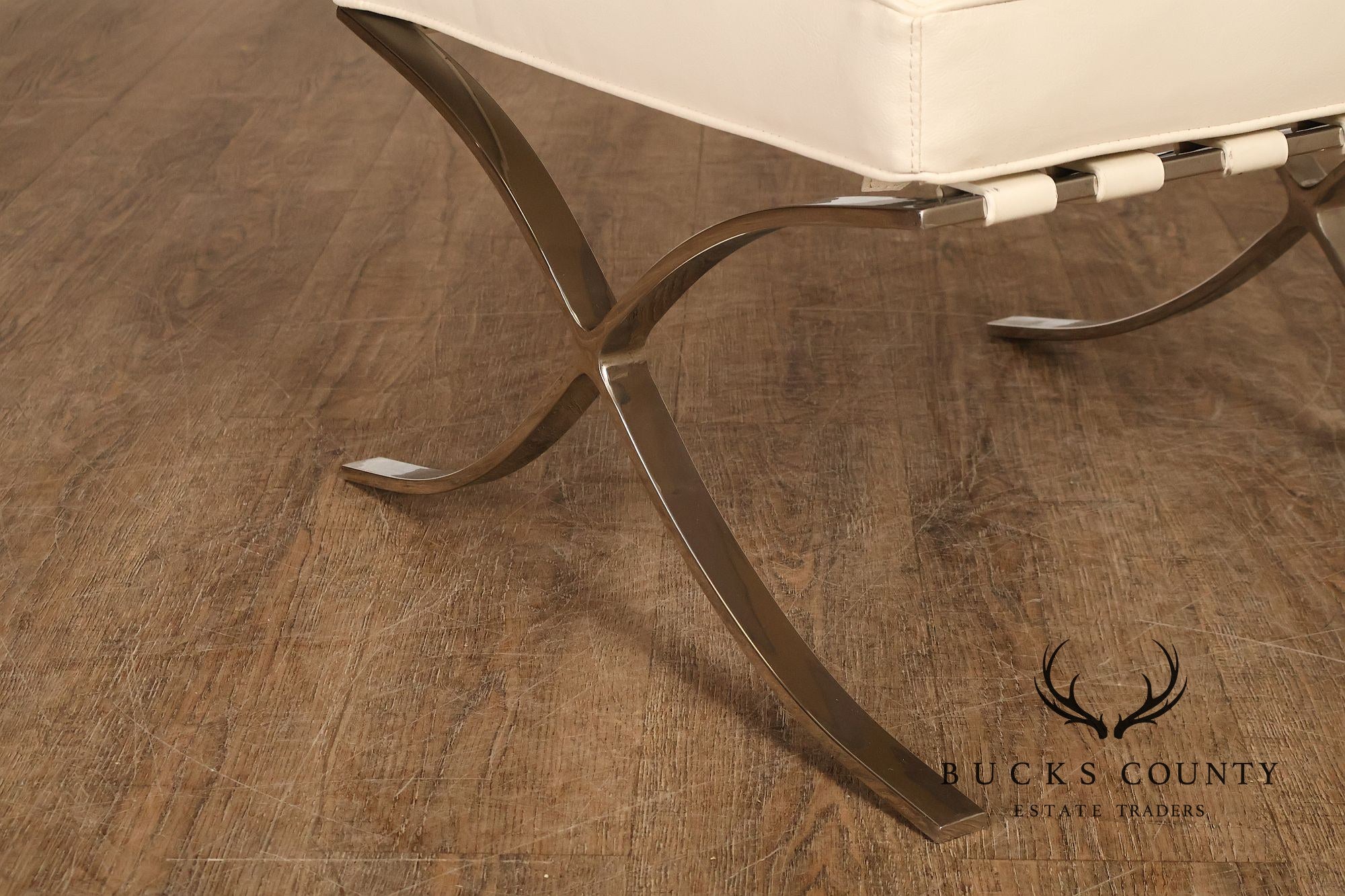 White Barcelona Style Pair Of Leather Stools With Chrome Bases