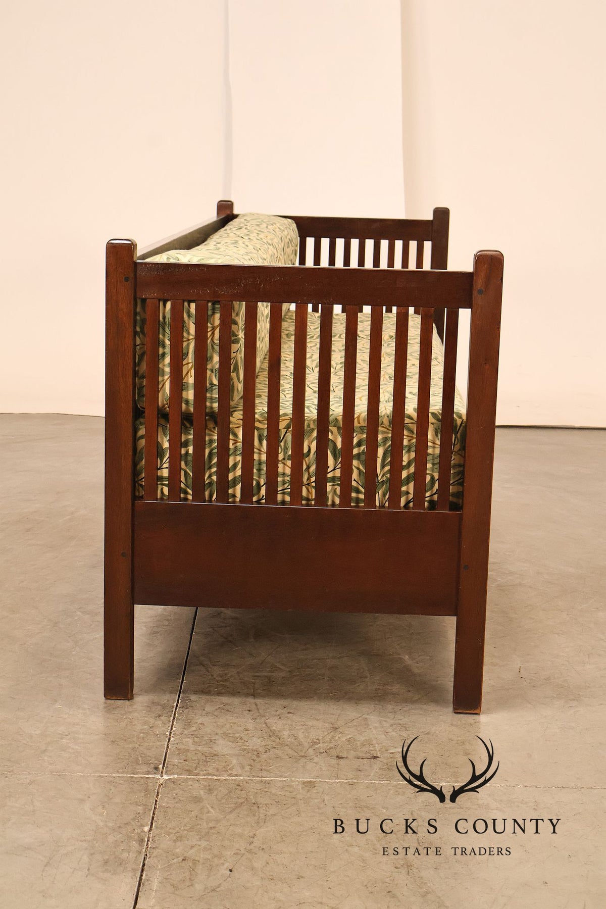 Mission Style Mahogany Spindle Settle With Botanical Upholstery