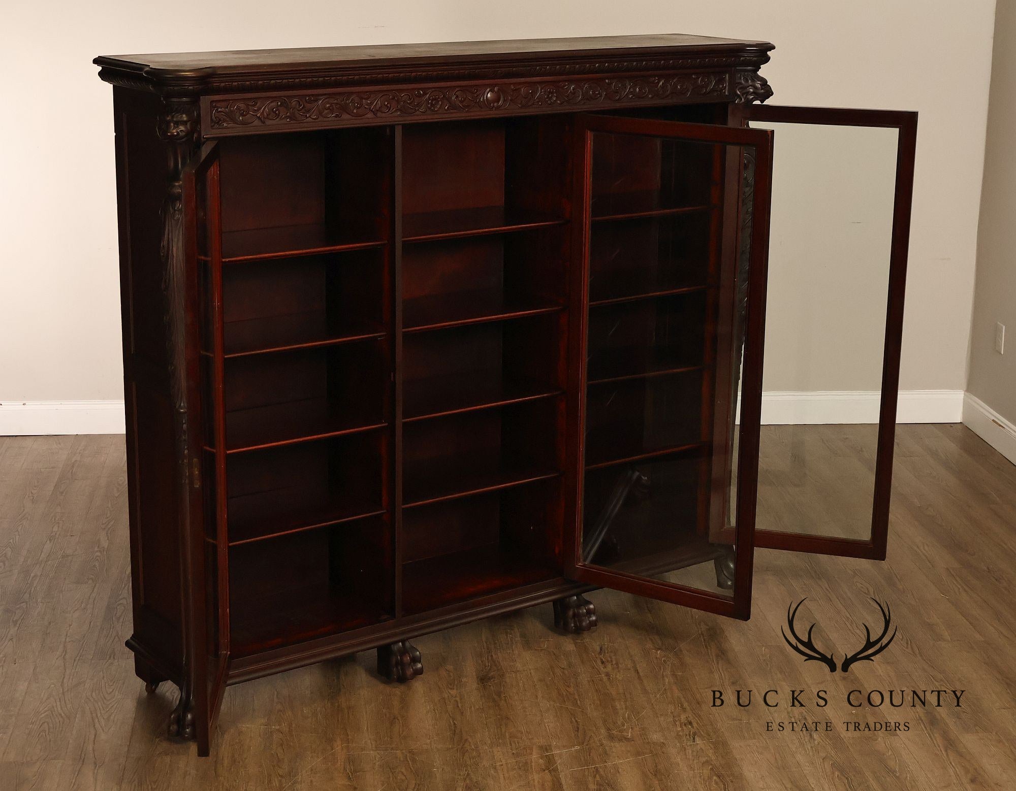Antique R.J. Horner Lion Carved Mahogany Three-Door Bookcase