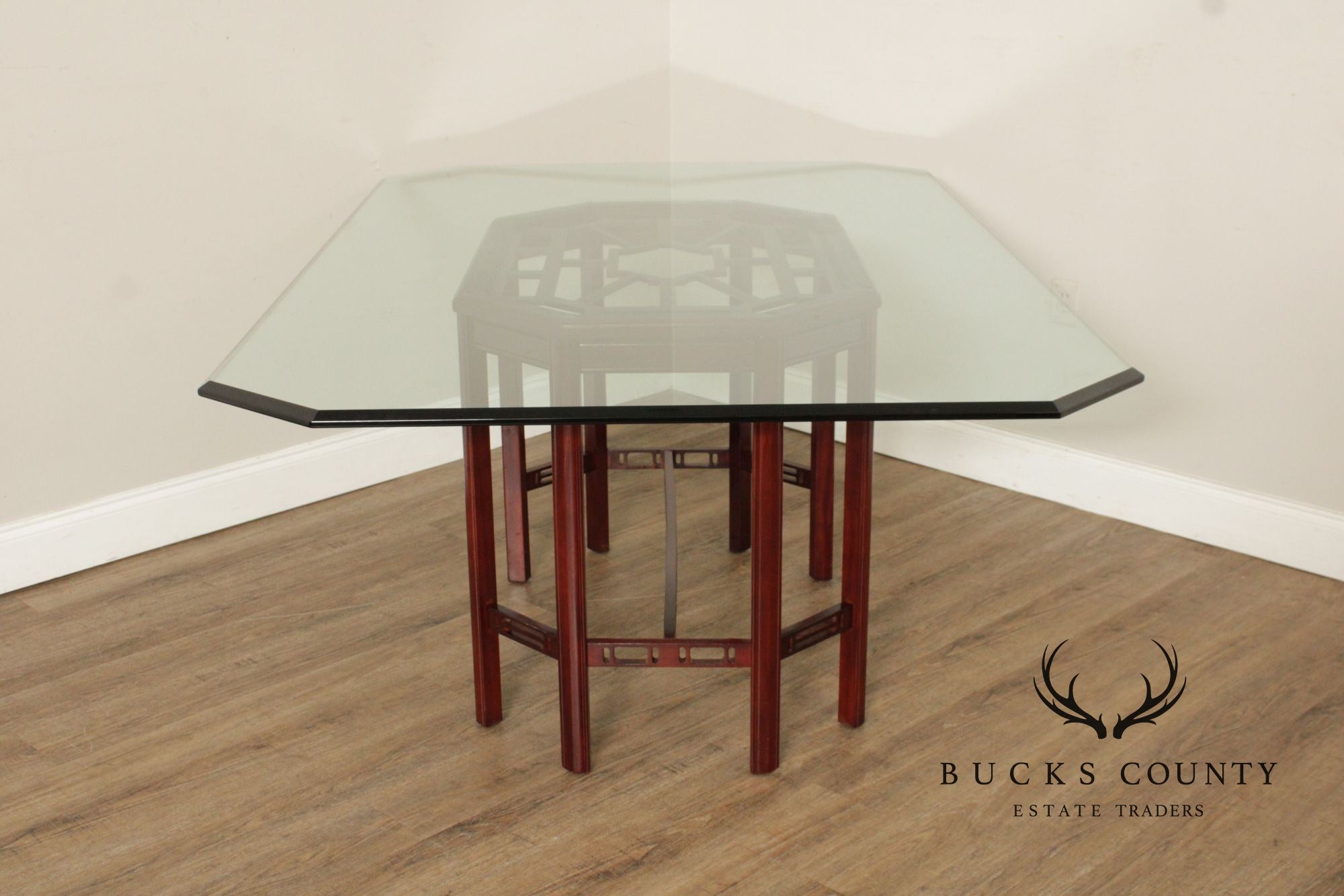 Chinese Chippendale Style Glass Top Mahogany Dining Table