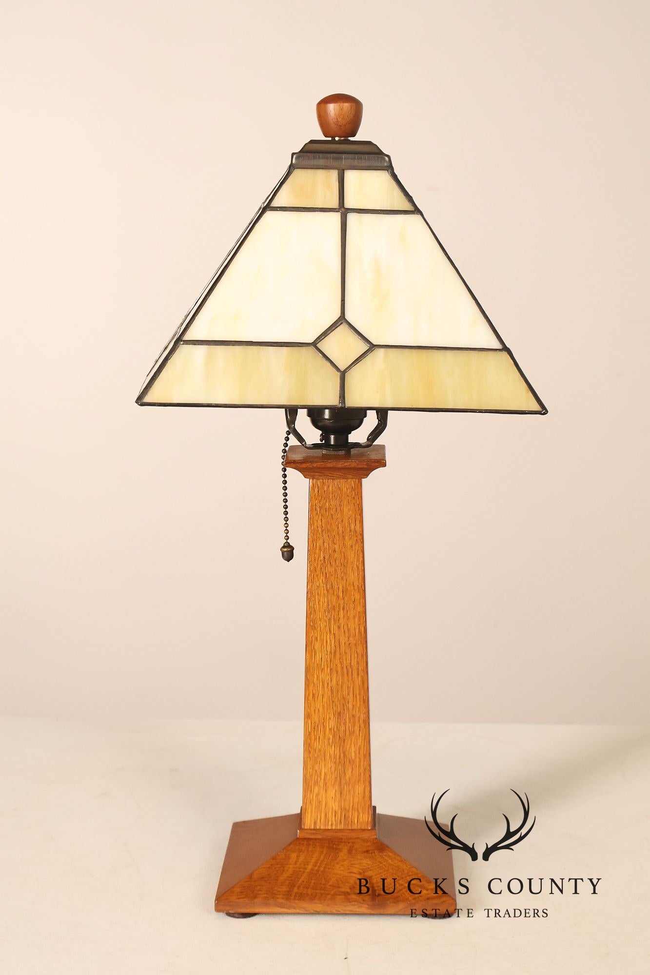 Stickley Mission Collection Oak Table Lamp with Art Glass Shade