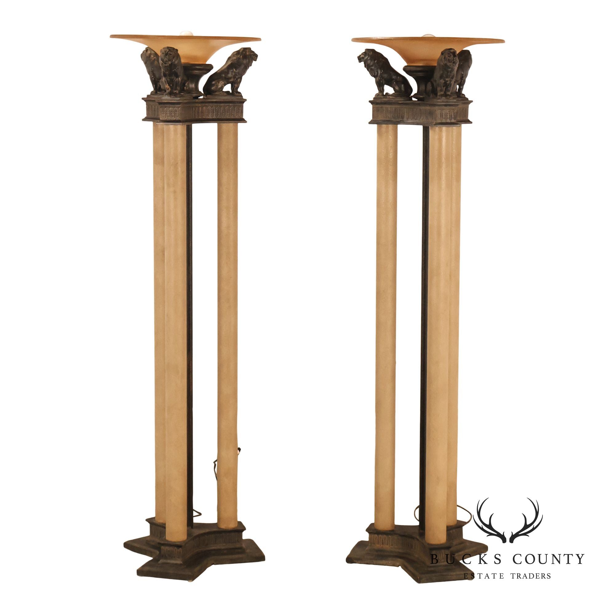 Neoclassical Style Pair Of Floor Lamps With Lion Figures