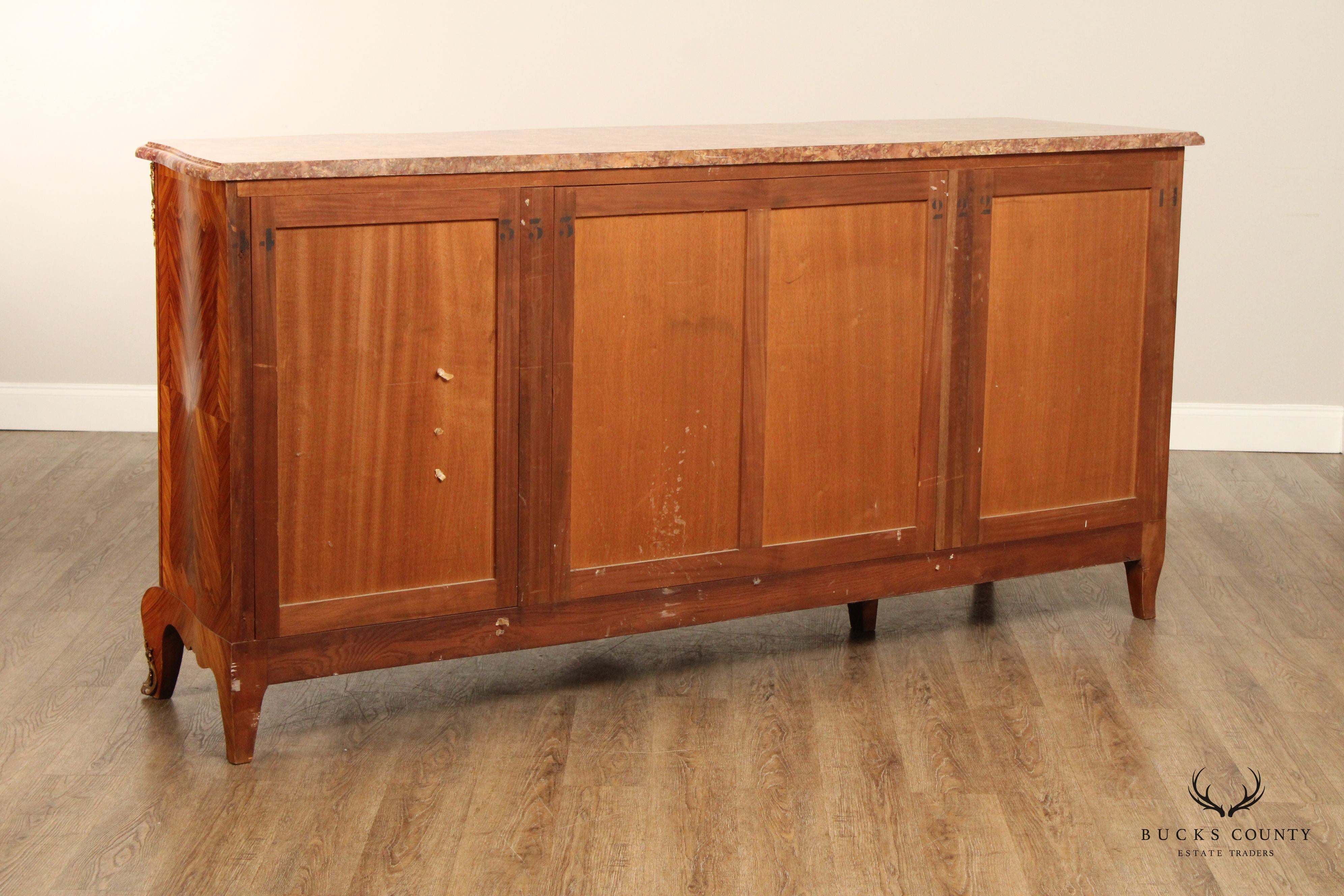 French Louis XV Style Antique Marble Top Marquetry Inlaid Long Sideboard