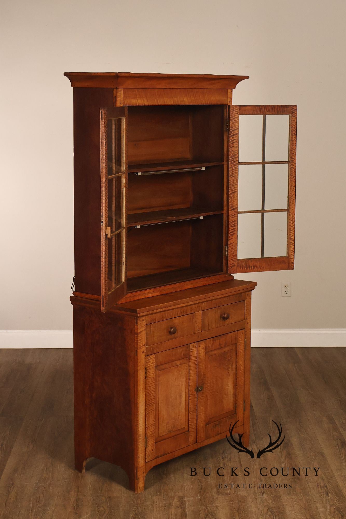 Bench Made Tiger Maple And Cherry Two Piece Stepback Hutch Cabinet