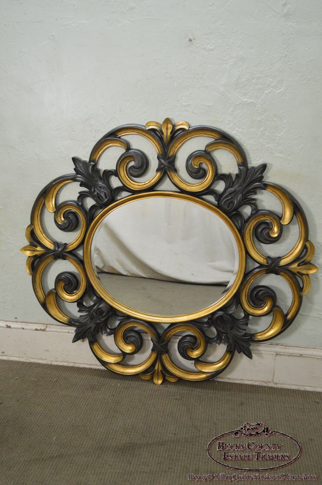 Large Baroque Style Partial Gilt Beveled Wall Mirror