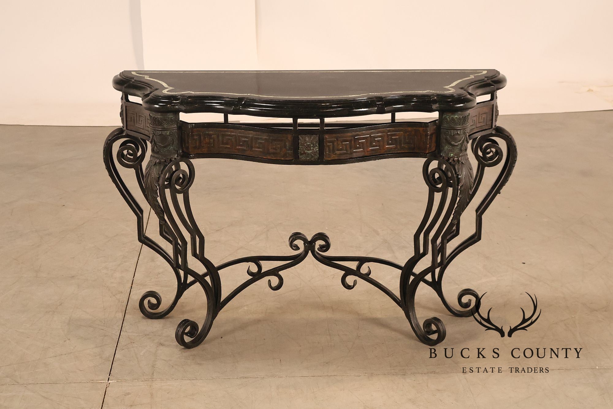 Maitland Smith Greek Key Console Table With Tessellated Marble Top